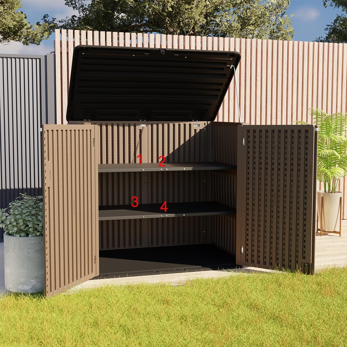 KINYING Larger Outdoor Storage Shed Weather Resistance, Resin Sheds & Outdoor Storage for Garden, Patios, Backyards, 48 Cu.Ft Tool Shed for Garbage Cans, Lawn Mower, Garden Tools,Brown