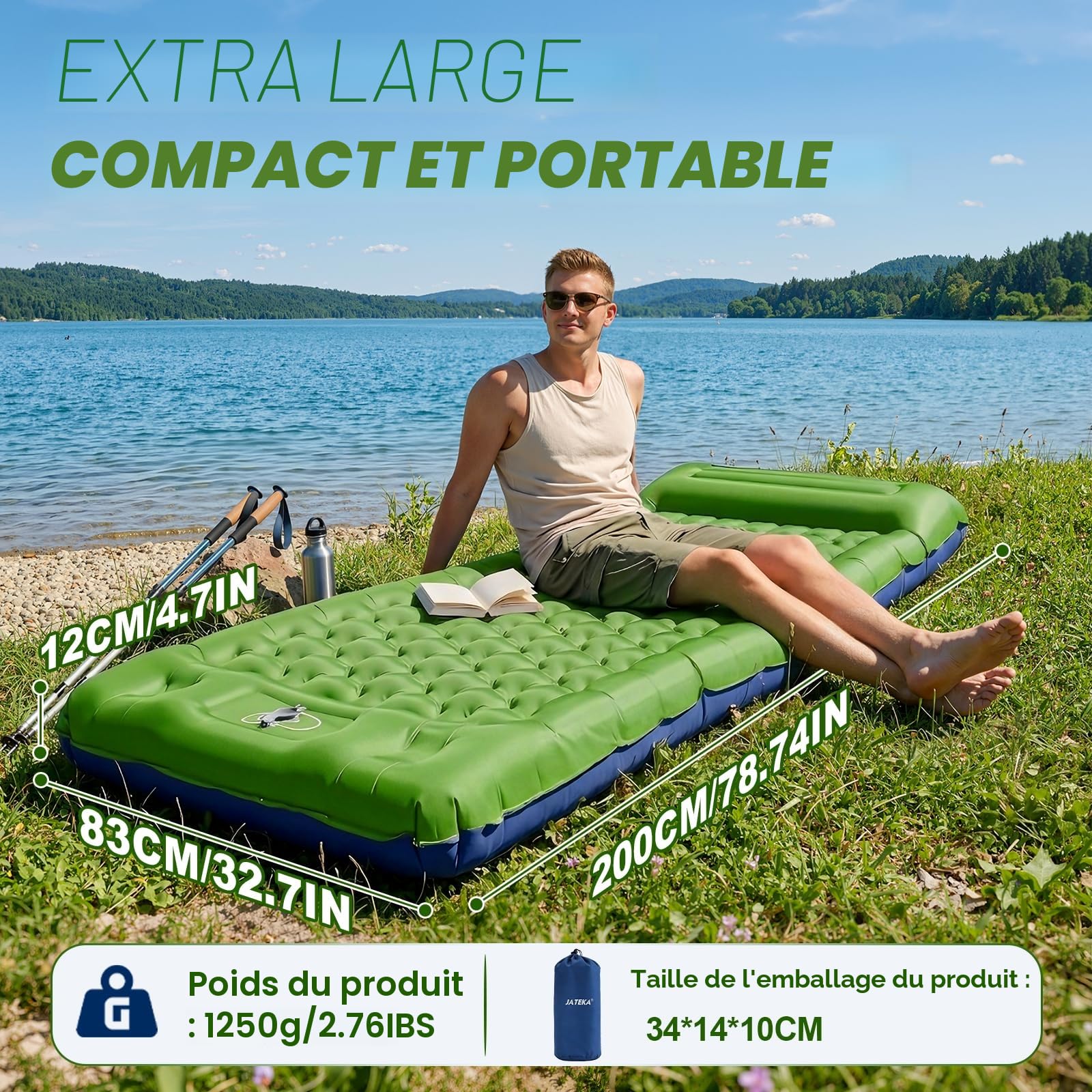 JATEKA Matelas Gonflable 1 Place, Matelas Camping Large de 83cm Ultra Léger avec Oreiller et Pompe à Pied intégrée, Matelas Gonflable 1 Place Résistant à l'eau Randonnée/Tente Bleu Verdâtre