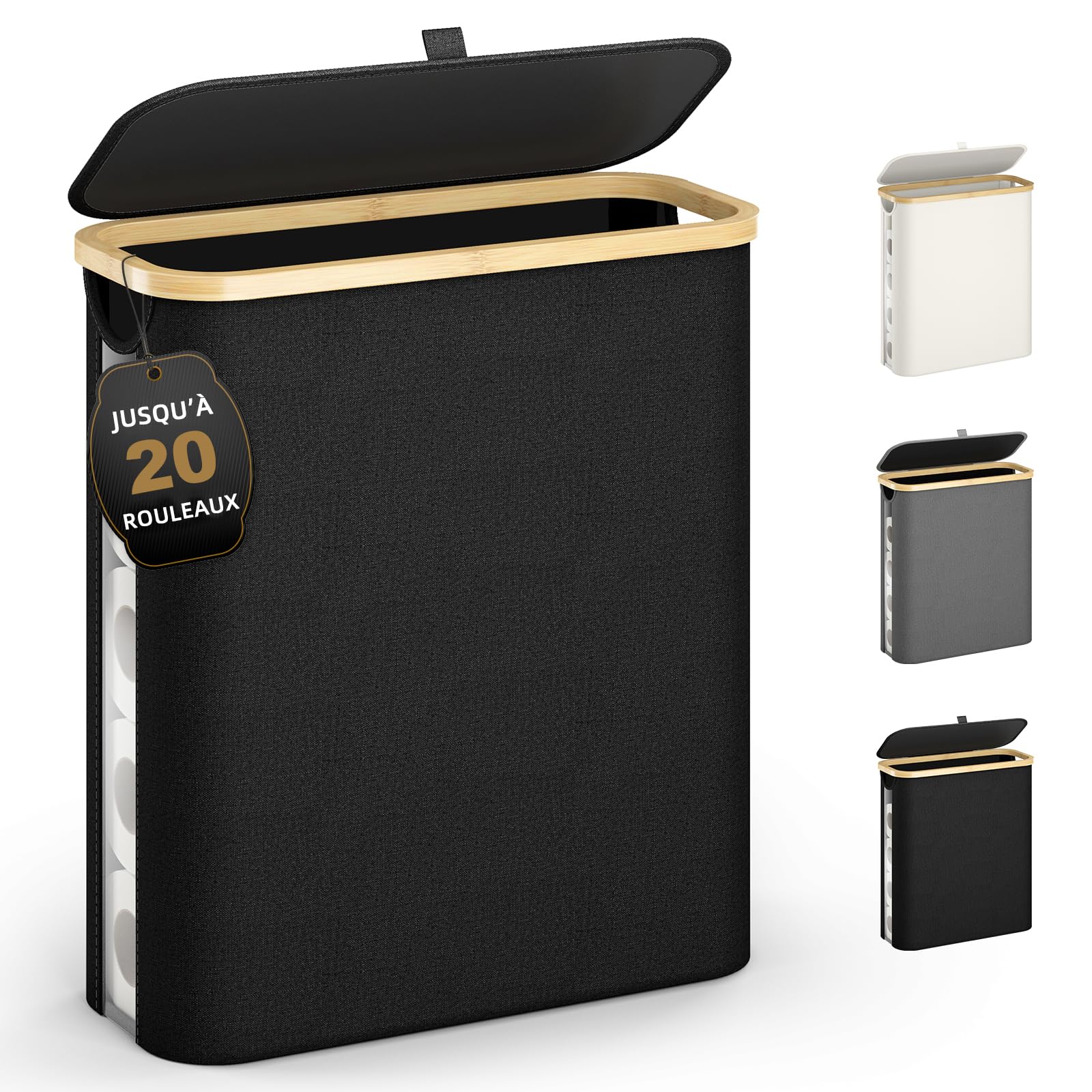42L Rangement Papier Toilette avec Couvercle et Fenêtre de Visualisation, Toilette en Bambou Imperméable, Rangement Pliable pour Salle de Bain, Space-Saving Collapsible Design Noir
