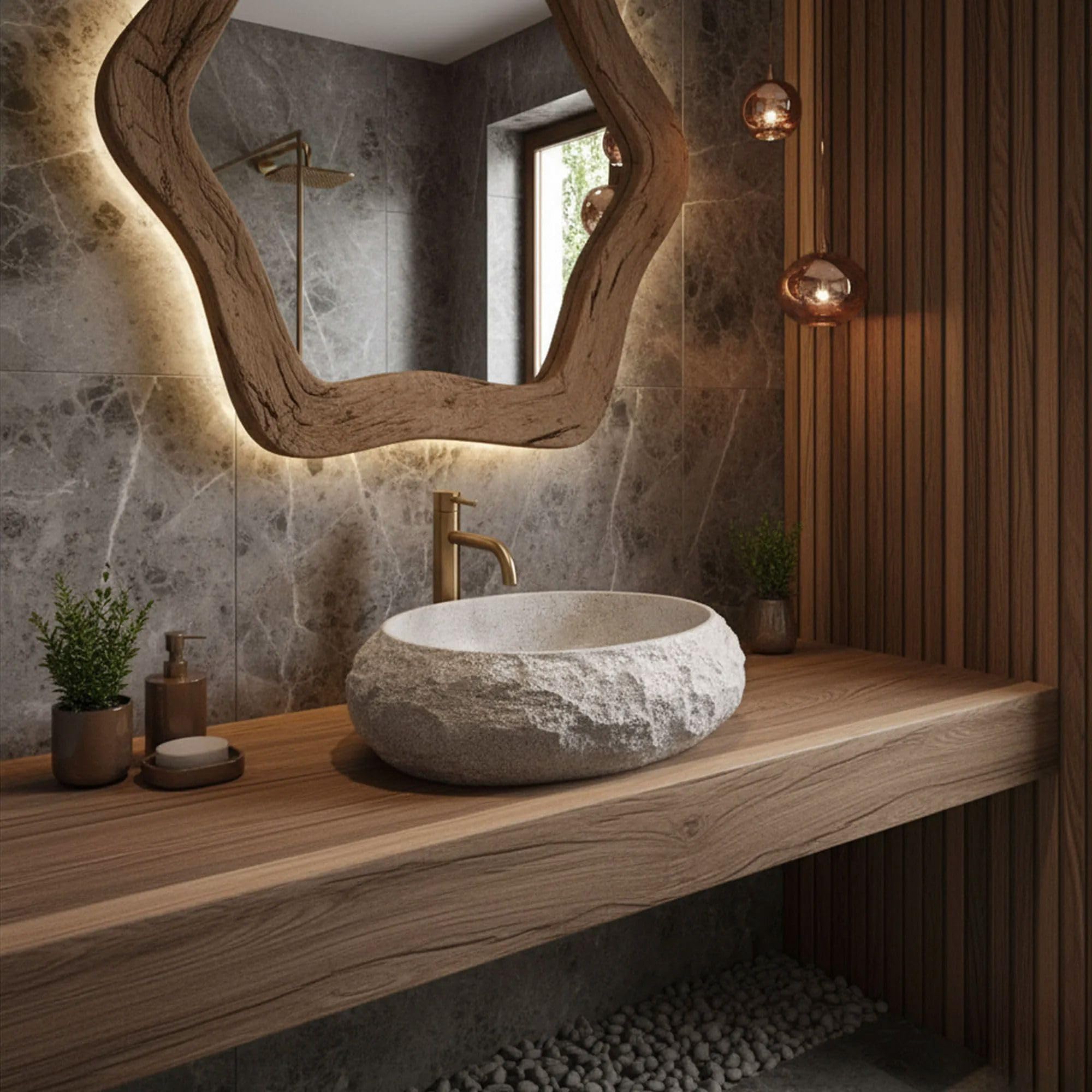 Rea - Lavabo Da Appoggio Ovale Mika, Beige, Effetto Pietra, Grigio, Pietra Artificiale (Pietra Composita Artificiale), 48X38X11,5Cm