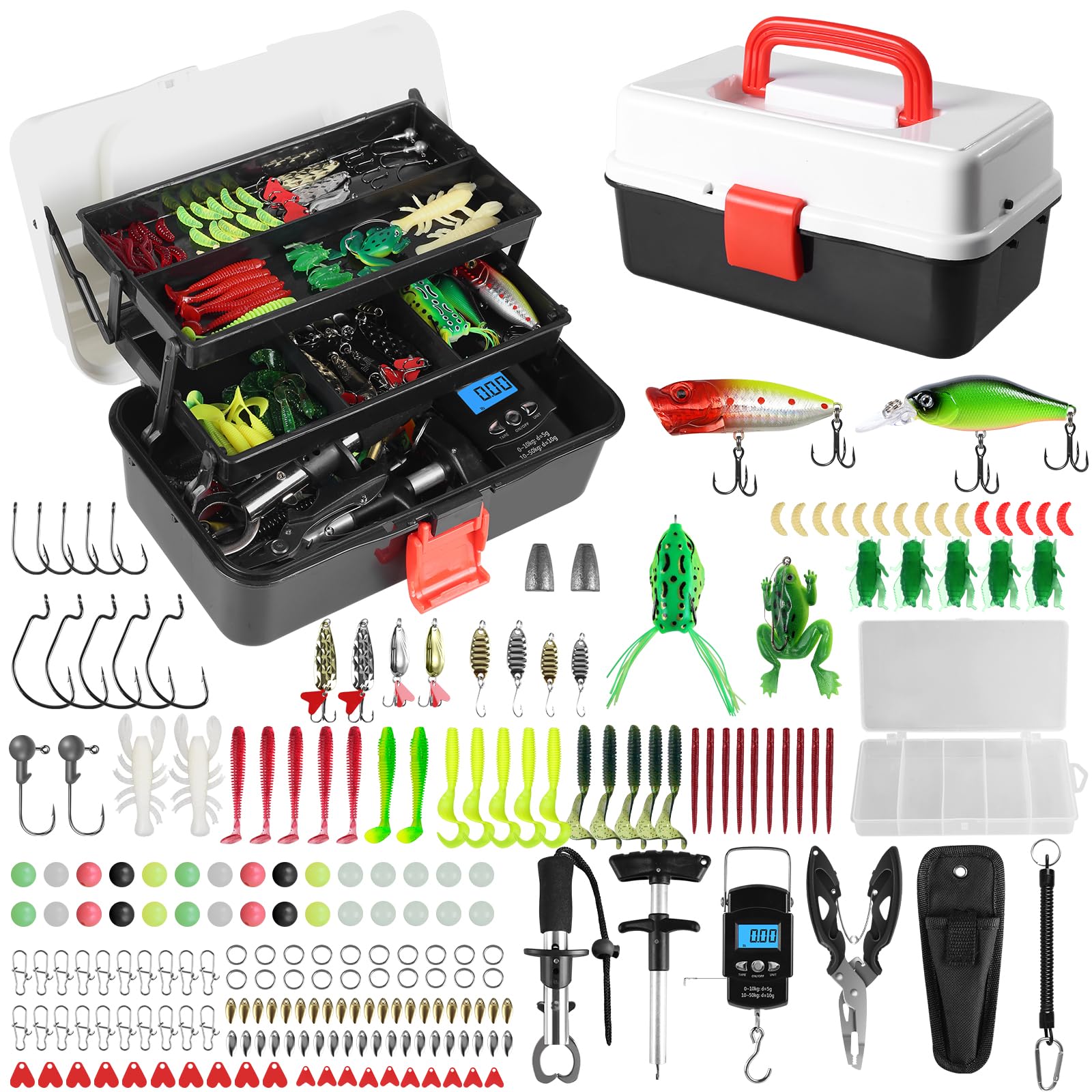 3 Layers Fishing Tackle Box, 213Pcs Fishing Lures Kit with Small Fishing Tool Kit Containing Weights Scale, Lip Clip, Hook Remover, Fishing Accessories, Fishing Gear for Beginners Kids, Men, Adults