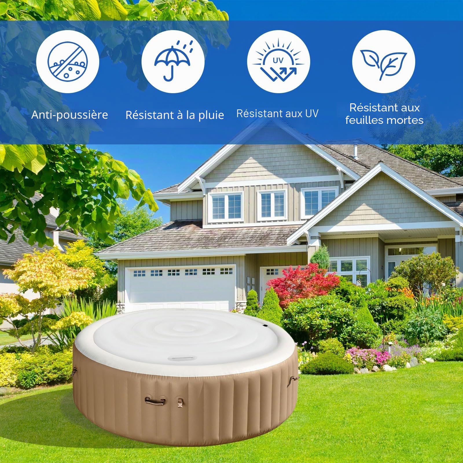 Couverture de Spa Gonflable Rond 160cm, Housse de Protection pour Gonflable | Couverture de Spa à Économie d'Énergie avec Poignées, Convient pour Bain à Remous, Thermiquement Isolée