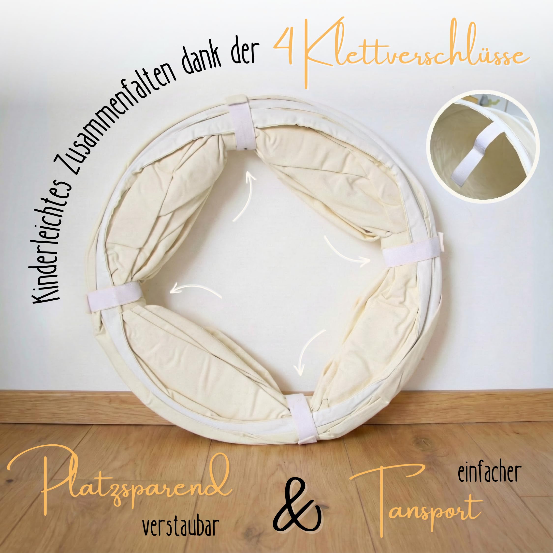 LIONHERZ® Spieltunnel für Kinder aus Baumwolle/Hanf mit Klettverschlüssen [180cm x 46cm] Krabbeltunnel für Baby | Faltbarer Pop-up Kriechtunnel | passend zu unserem runden Spielzelt (Cremeweiß)