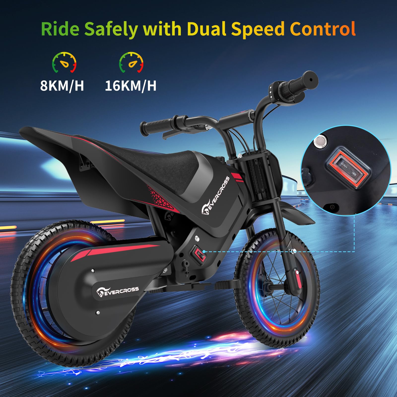 EVERCROSS EV05M Motocicletta Elettrica per Bambini, E-Moto da 150 W, Modalità Velocità 8/16 km/h e Motocicletta Elettrica a Lungo Raggio da 10 km, Moto Cross da 12'' per Bambini da 3 a 12 Anni