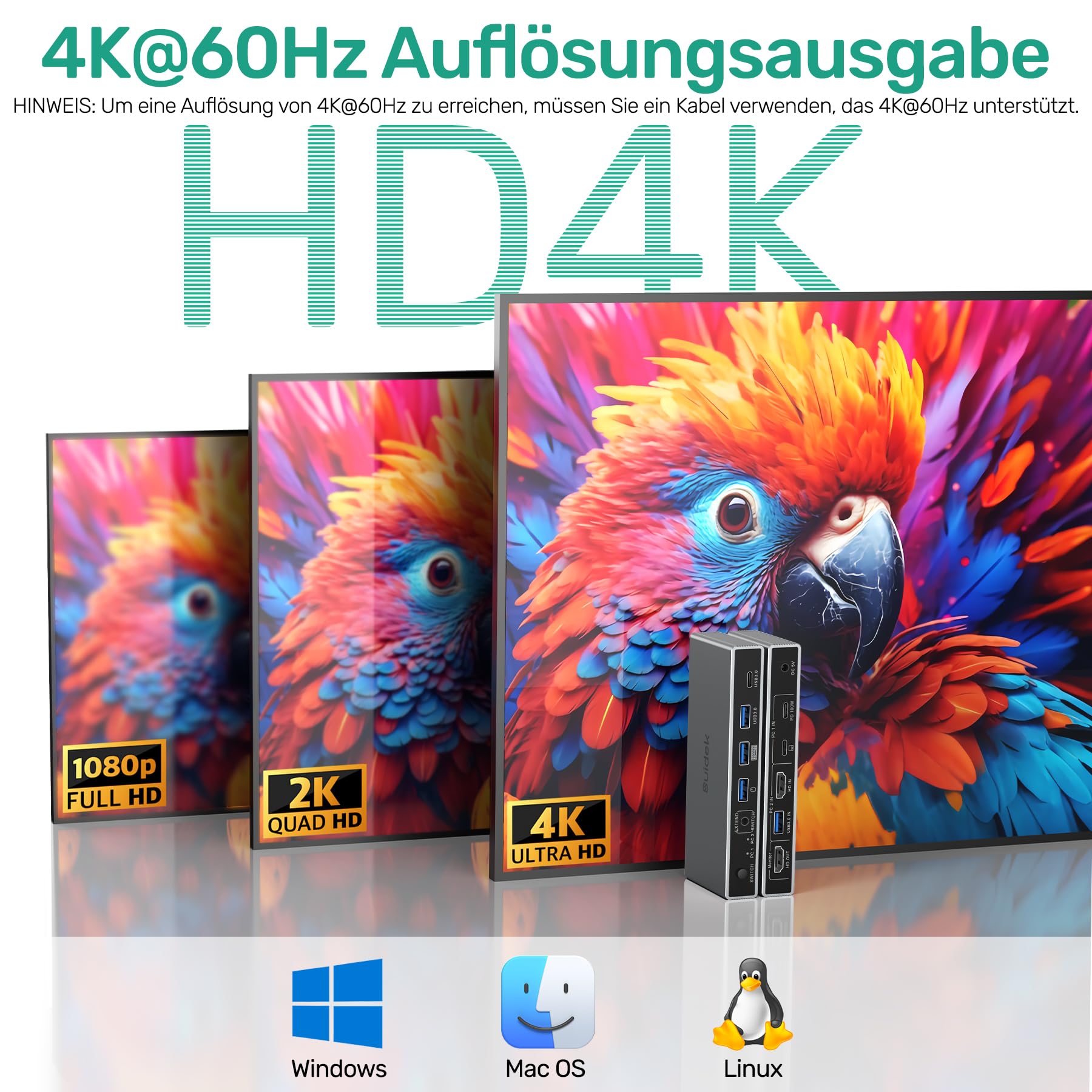 SUIDEK USB-C+HDMI KVM Switch 2 in 1 Out 4K@60Hz Aluminium mit USB 3.0-Anschlüssen für 1 Laptop und 1 Desktop teilen 1 Monitor, Tastatur, Maus und Drucker, mit USB-Kabeln/Controller