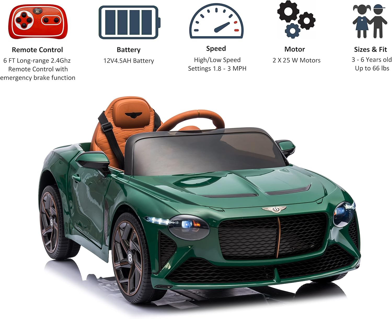 Rock Wheels Licensed Bentley Bacalar Kids Ride on Toy Car, 12V Rechargeable Battery Powered Children Electric 4 Wheels w/Parental Remote Control, Foot Pedal, 2 Speeds, Music, LED Headlights (Green)
