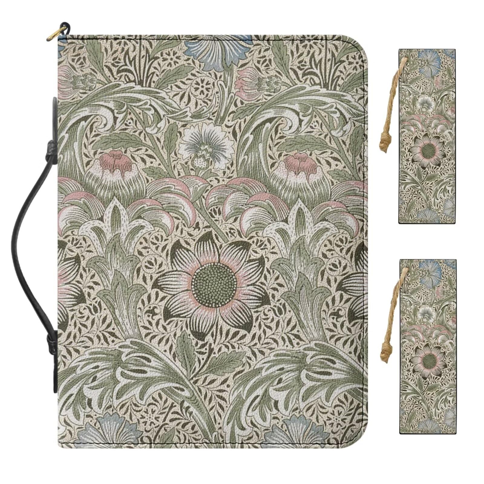 Buxolandt Extra Large Personalized Bible Cover PU Leather, Comes with 2 Leather Bookmarks, Green Bible Case with Handle Built-in Pocket Pen Slots, Work of William Morris Printed Bible Purse for Men