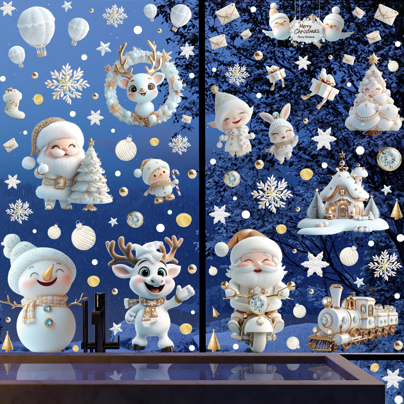 Fassory White Christmas 9 Sheets 121 Pcs Window Stickers, Double-Side Reusable Static Christmas Window Decals, Window Stickers Christmas Scene, White Xmas Window Decorations (White Christmas)
