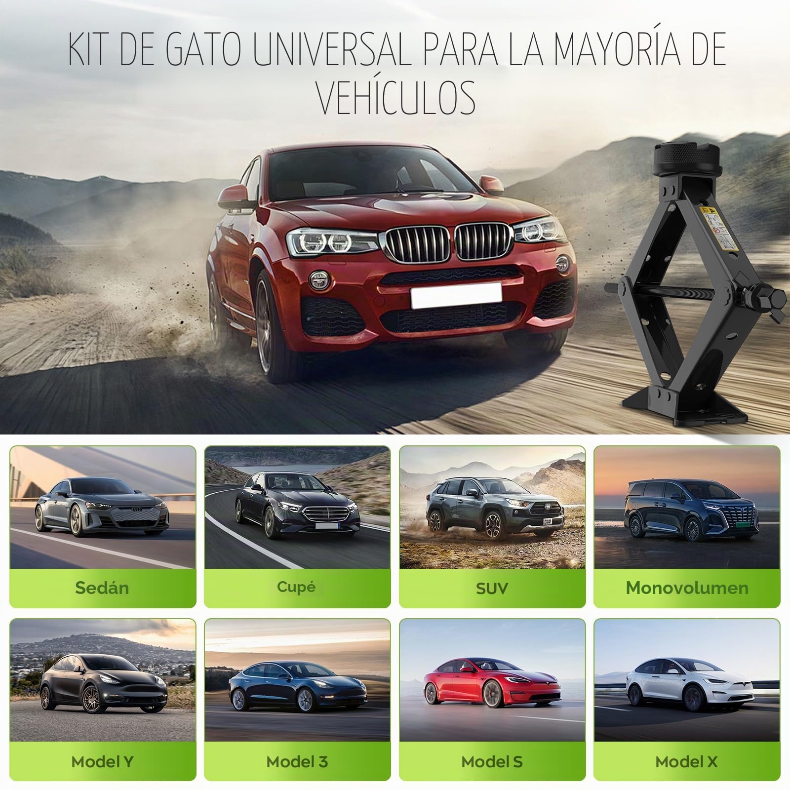 IMAYCC Nuevo Gato para Coche 2.5T/2500kg, Kit de Gato Coche Universal con 2 Piezas Bloque de Goma, Portátil Kit de Emergencia con Llave de Tuercas de Rueda para SUV MPV Tesla