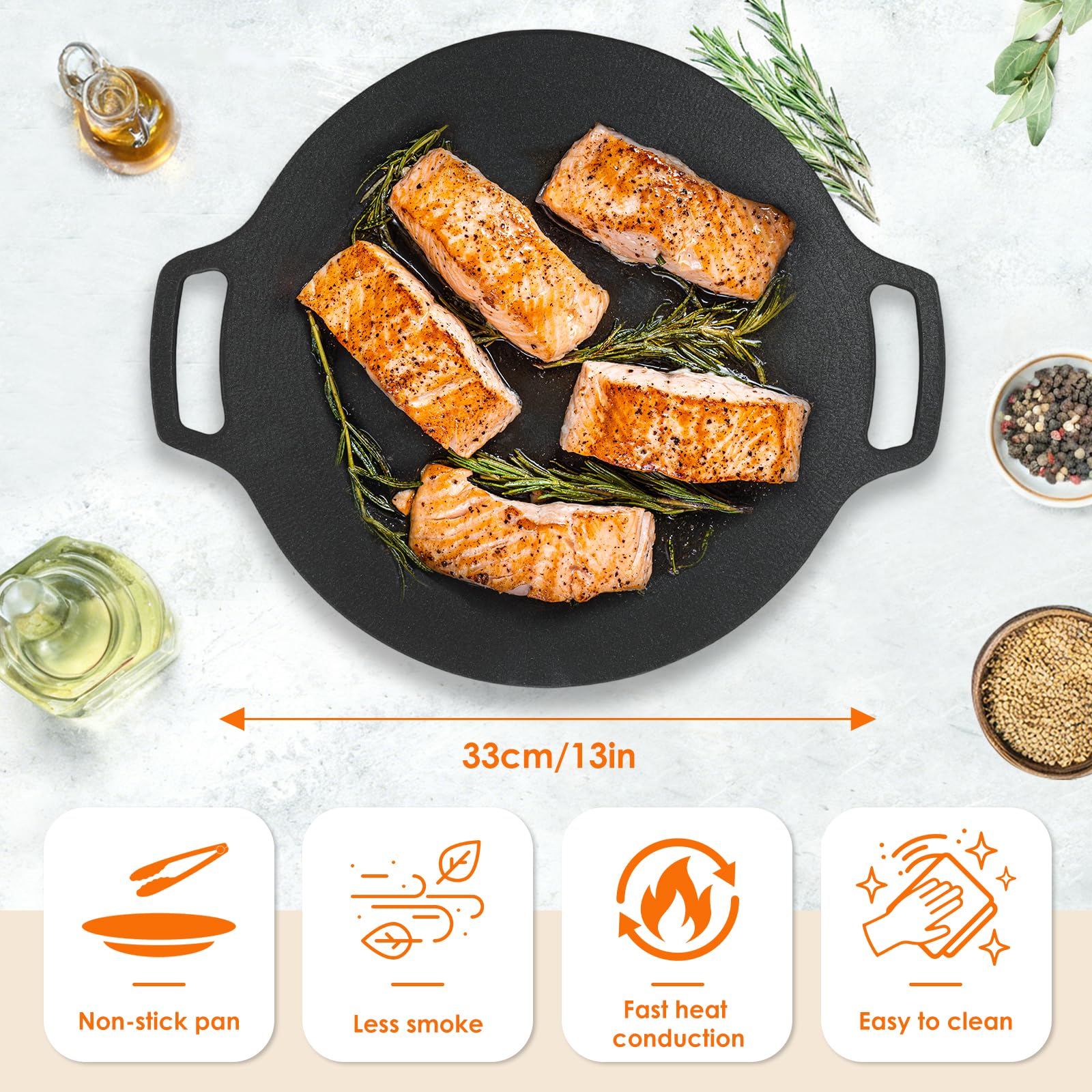 Padella per Barbecue Coreana, Padella per Barbecue Rotonda Premium, Piastra Antiaderente per Fornelli a Gas, Feste in Campeggio All'aperto(33cm)