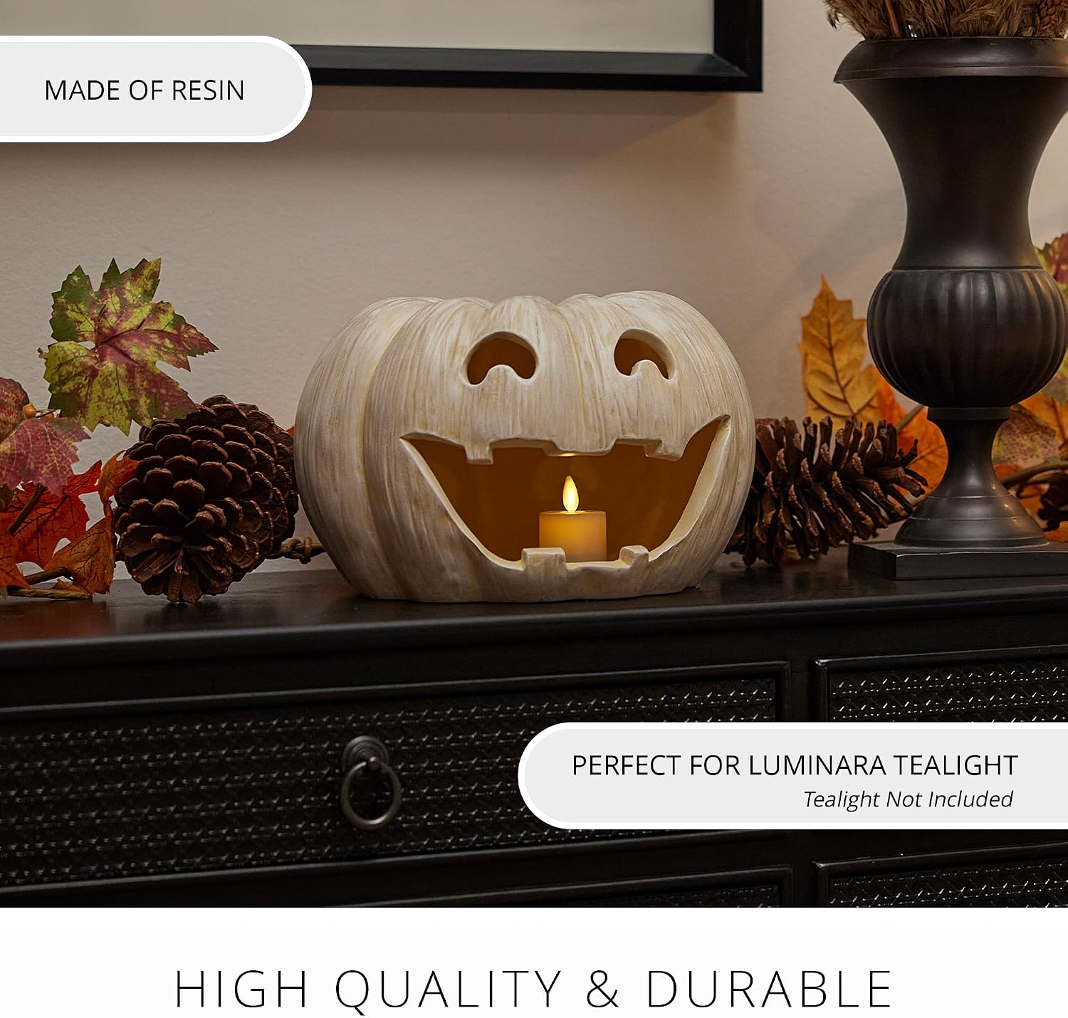 Luminara Jack-o'-Lantern Pumpkin Tealight Holder - Perfectly Pale 10"x6.75" - Halloween Dry Brush Resin Fall Home Autumn Harvest Festival Party Decor