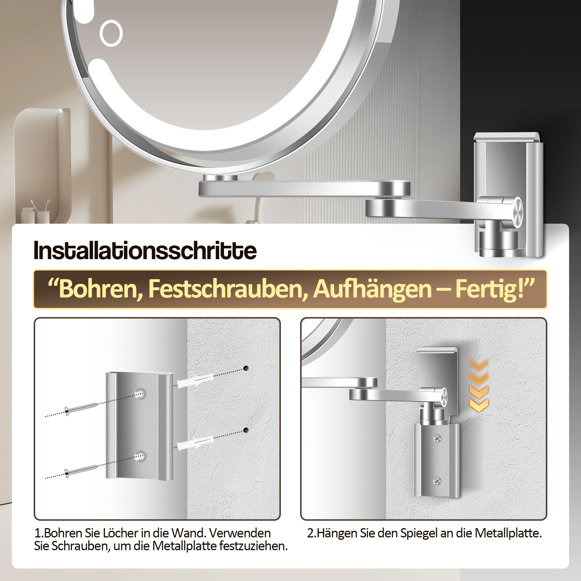 MOMOKUBA Wandmontierter Make-up-Spiegel, Vergrößerungsspiegel mit Licht, 20X/1X doppelseitig, höhenverstellbar, 3 beleuchtete Modi, wandmontierter Spiegel aus Aluminiumlegierung, ideal für Badezimmer