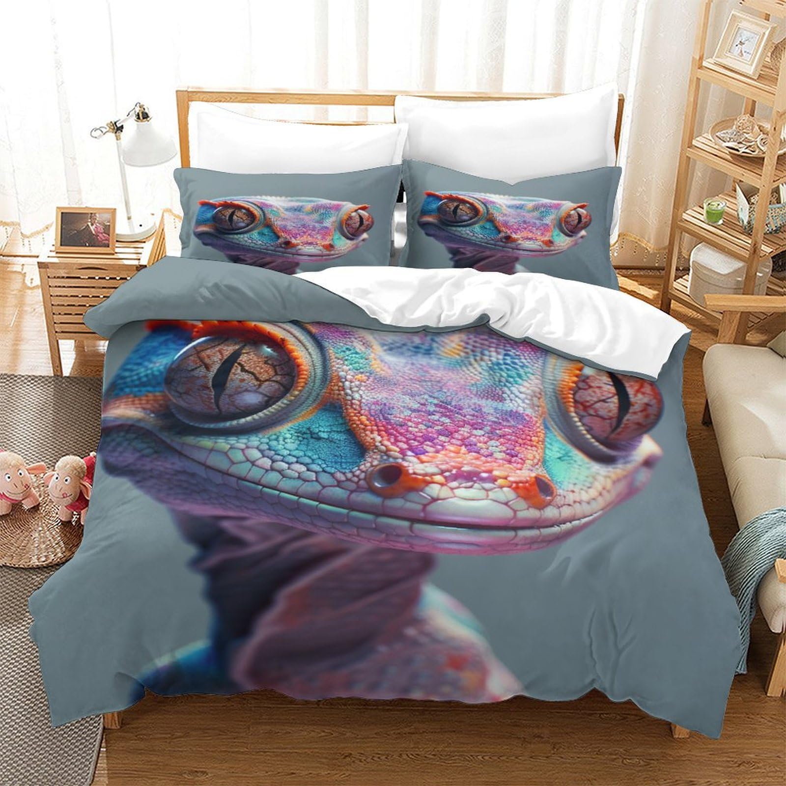 P1S9U7W5Y 3D Printed Vibrant Lizard Microfiber 3pcs Duvet Cover Set Bedroom Decor Animal Bedding Set Single（140x200cm）