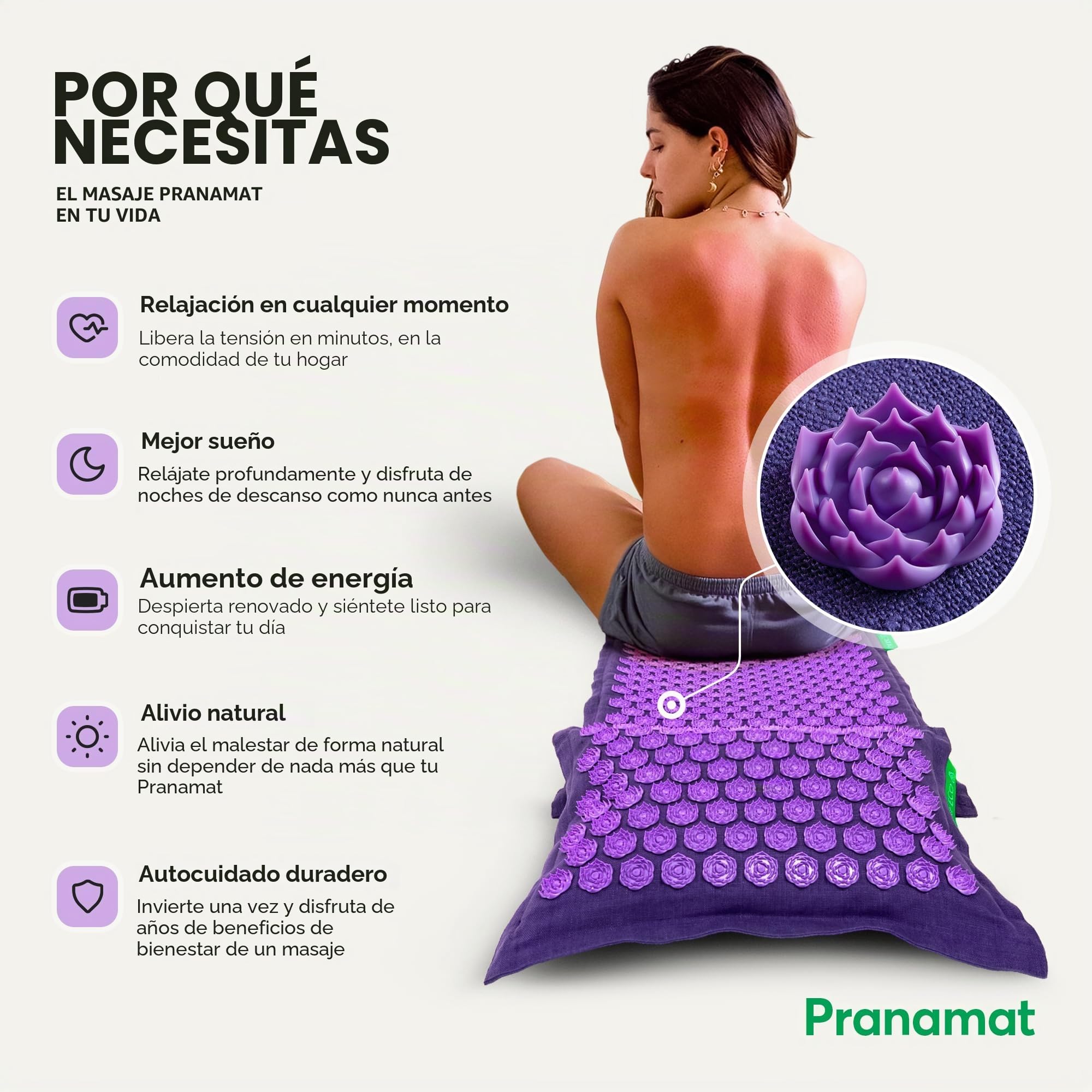 Pranamat Set de Esterilla Grande y Almohada de Acupresión, Terapia de Acupresión Premium para Alivio del Dolor y Relajación, Hecho a Mano en Europa con Materiales Naturales y Sostenibles (Lavander)