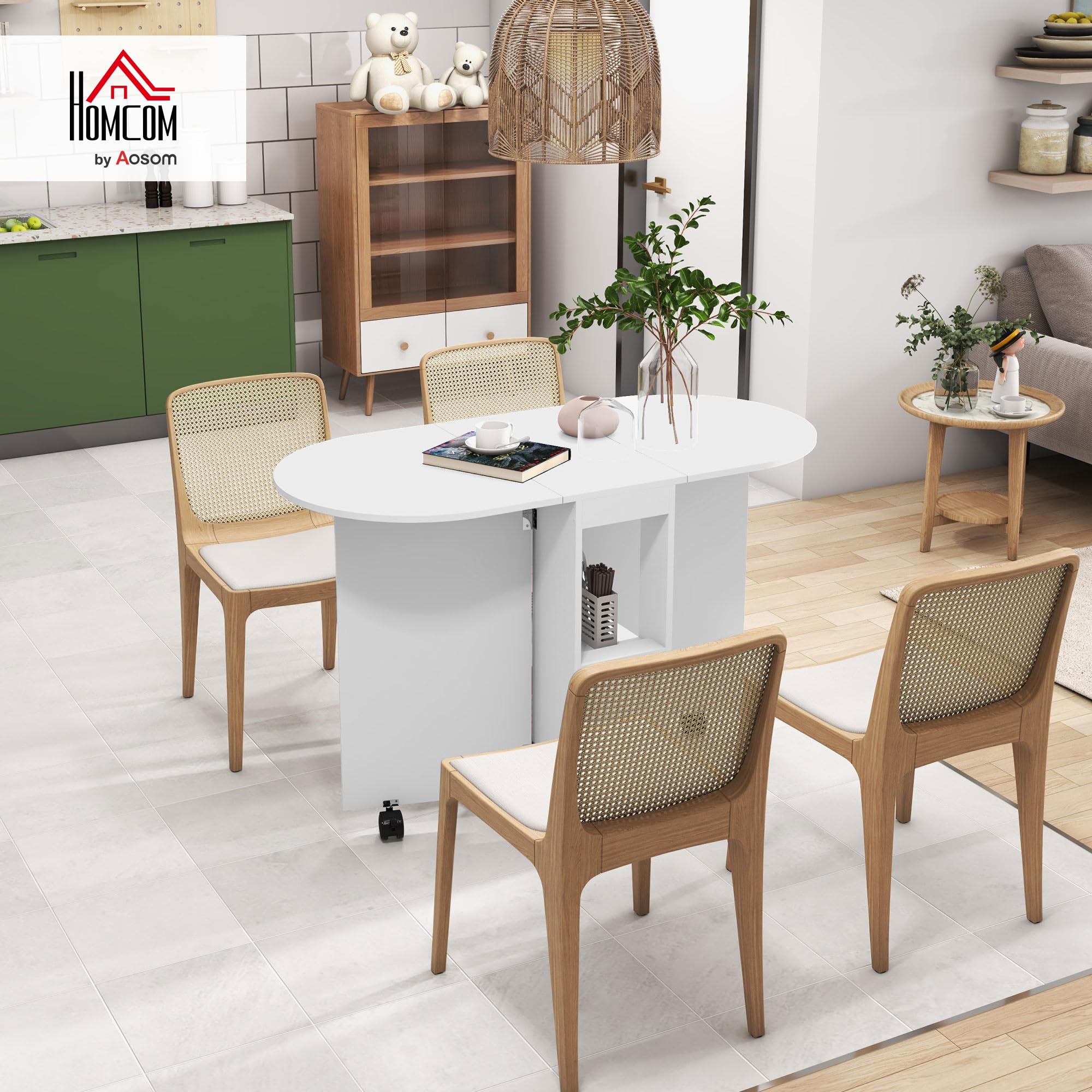 HOMCOM Table à Manger Pliante sur roulettes 4 Pers. 120x60x77 cm Blanc | Table de Cuisine, 2 Abattants, 2 Étagères de Rangement, pour Petits Espaces