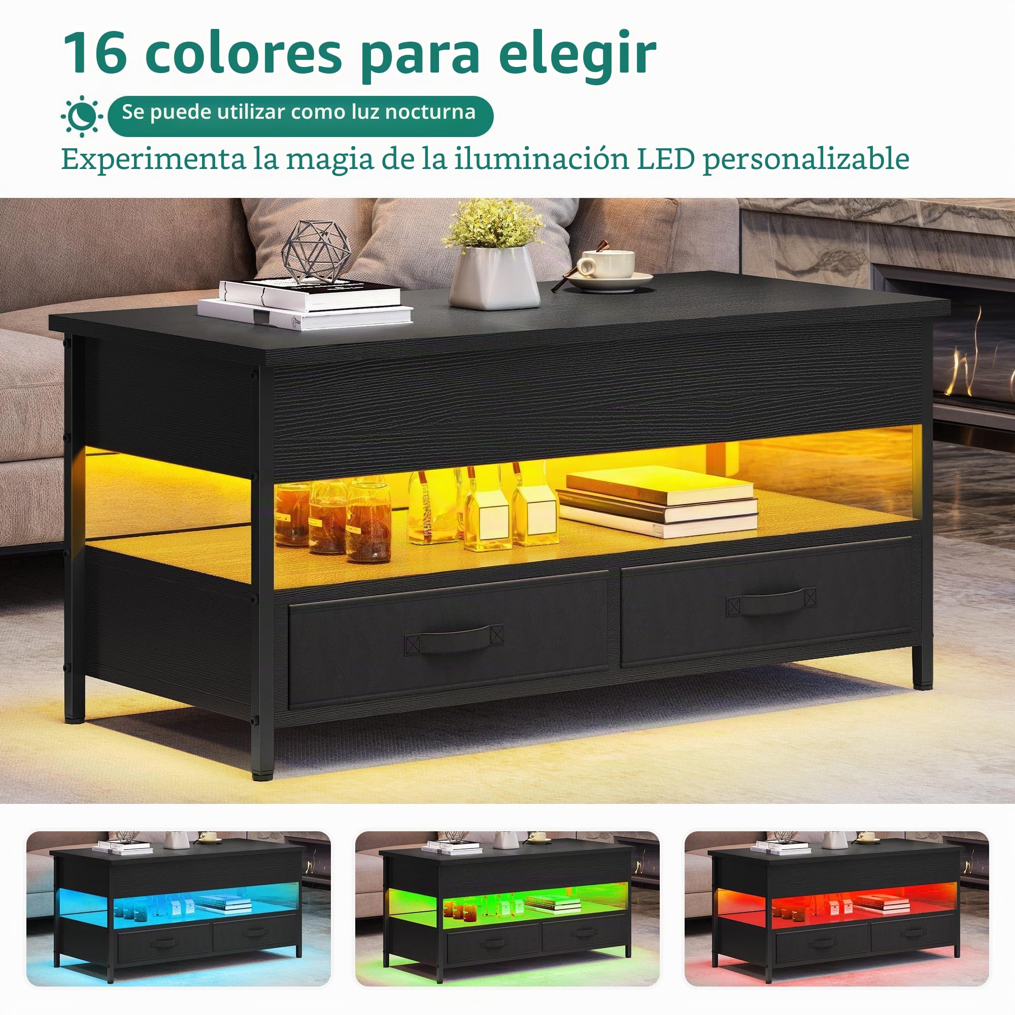 YITAHOME Mesa de Centro Elevable, Mesita de Salón de Madera con Estante de Almacenamiento, Mesa Cafe con 2 Cajón y Tira de luz LED de 16 Colores, Negro, 106 x 50 x 51,5 cm