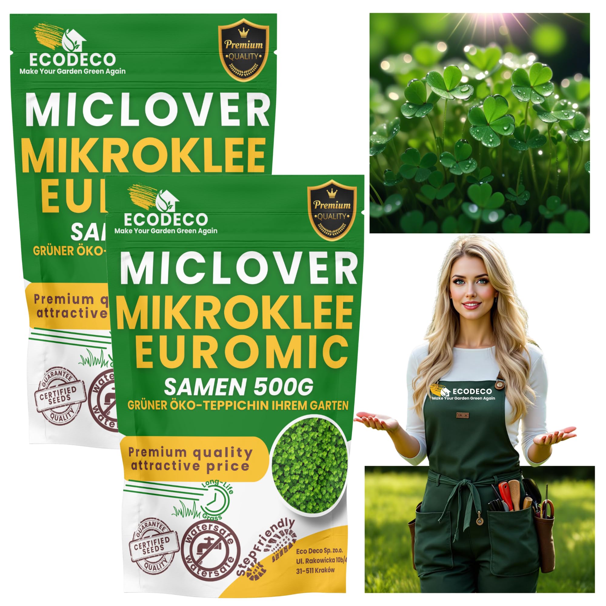 ECODECO Mikroklee Samen 1kg - Weiß Klee Rasen Samen - Zwergklee für Gleichmäßiges und Grüner Gras - Microclover für Grassamen Saatgut - 800 m²mit Gras oder 400 m² Allein