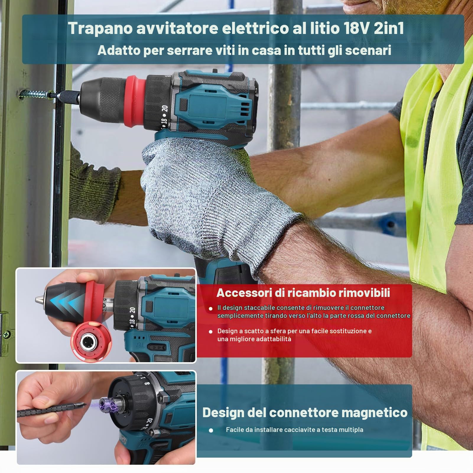 Weytoll Trapano Avvitatore Batteria 18V, 2 Batterie 1300mAh, Max 45Nm, 23+1 Impostazione Coppia, 2 Velocità, LED Luce per Riparazione, Fai da te