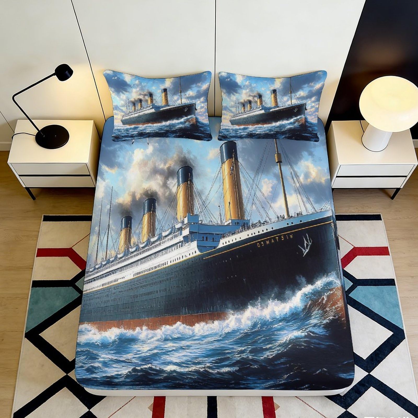 Pnayamiorkfel Style-1 3D Printed Titanic Ocean Fitted Sheet Microfiber Anti-Slip Bed Cover Bedroom Decor Soft Machine Washable 90X200x25cm