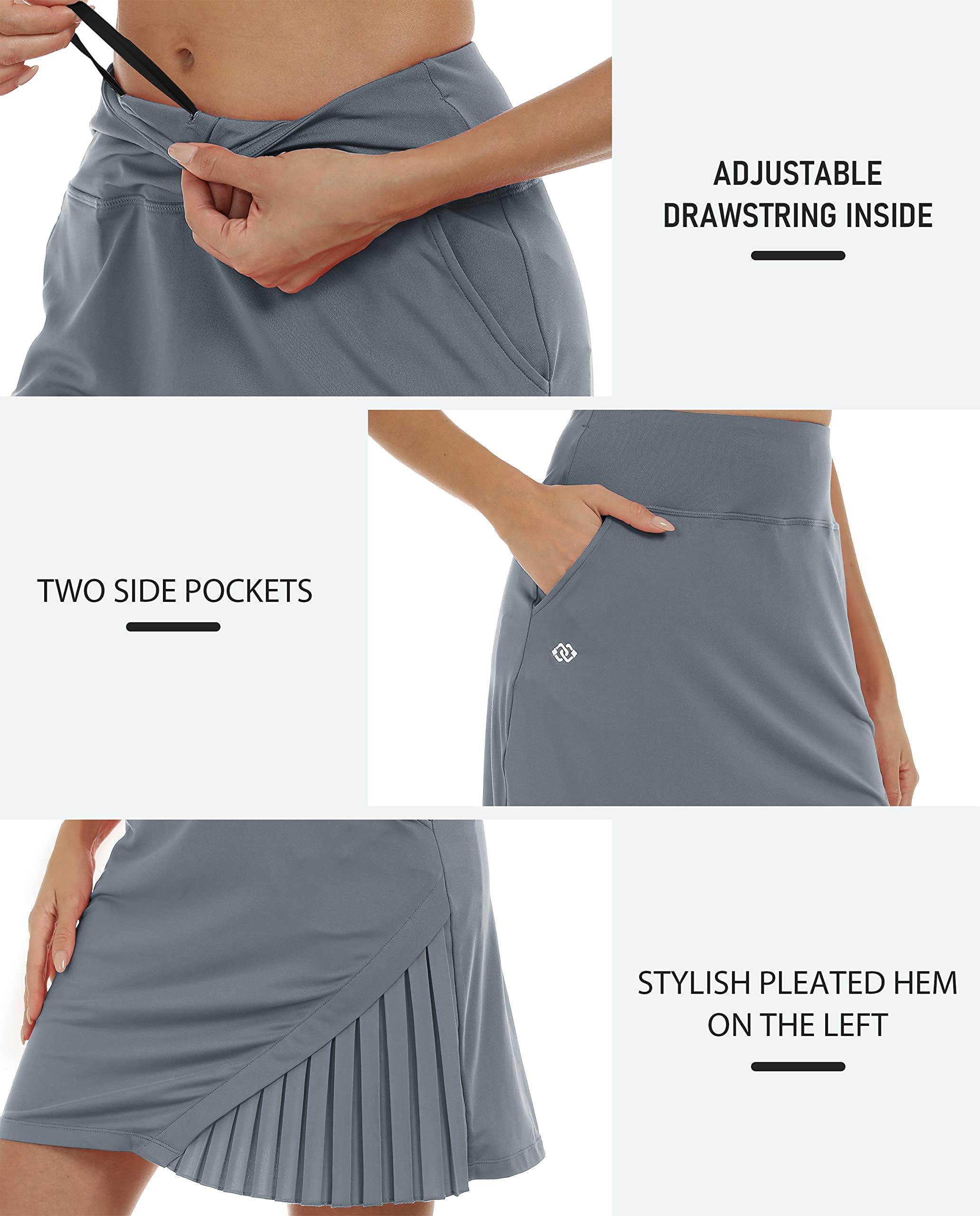 MoFiz Damen Tennisrock Sportlicher mit Shorts Taschen Sommer SkirtRock mit Tunnelzug GrauX L
