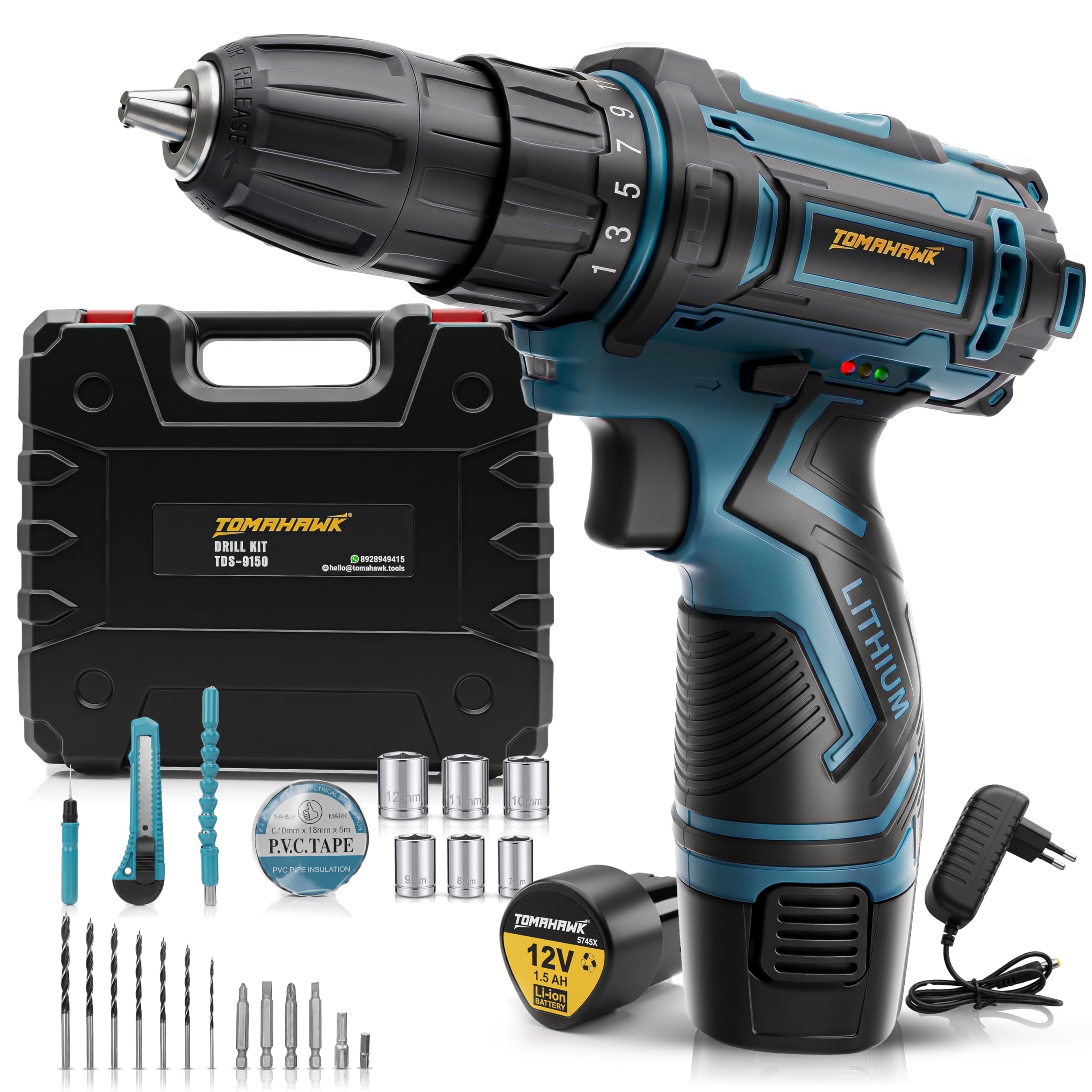 TOMAHAWK® TDS-9150 12V Cordless Drill/Screwdriver Kit | 10mm Keyless Chuck | 2-Speed (350/1350 RPM) | 1.5Ah Single Battery | LED Light | 25+1 Torque | Drill & Screwdriver Bit Set for Home, DIY-image-24