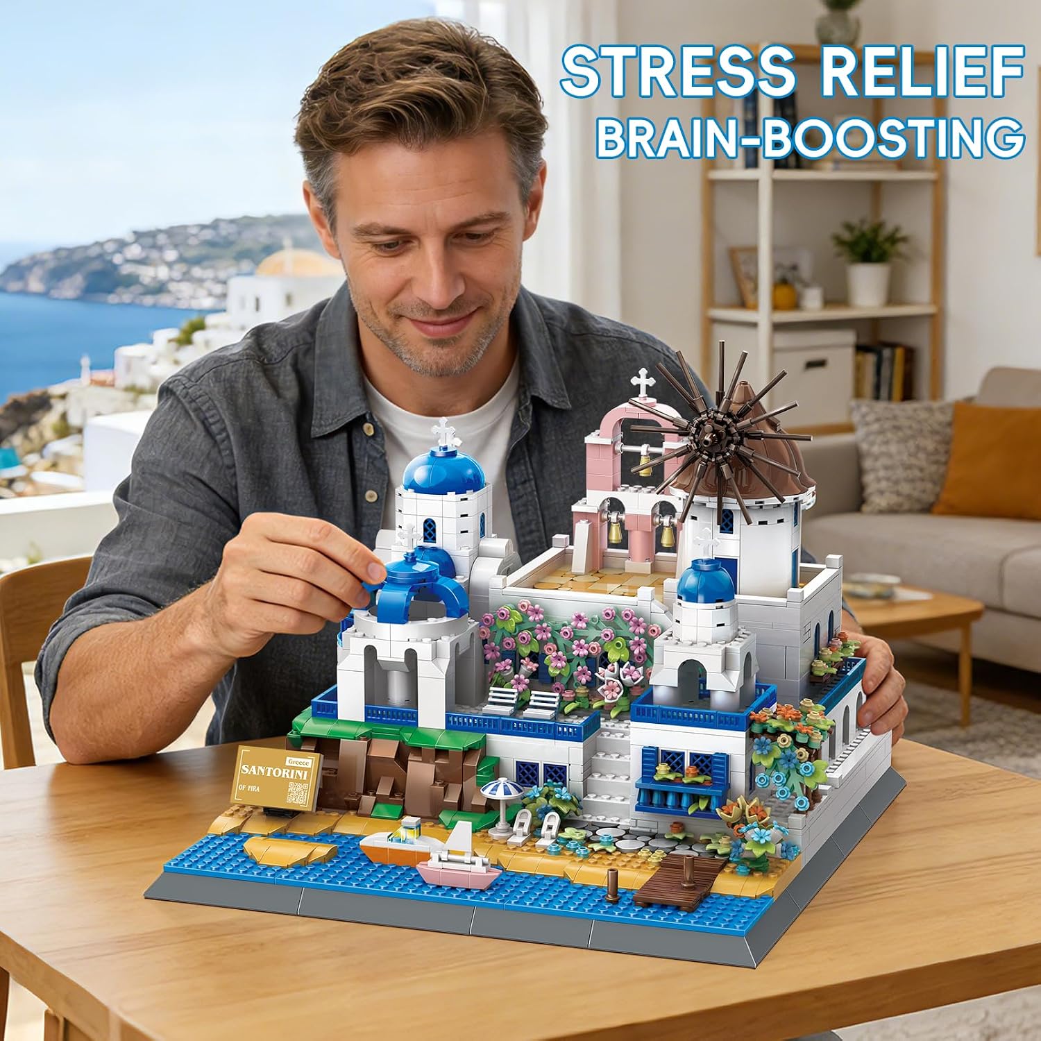 Santorini Building Block Set 1372 Pcs Greece Aegean Sea Architecture Model Kit for Adults & Teens Romantic Island Skyline Construction Project Aesthetic Home Office Desk Decor Display Gift