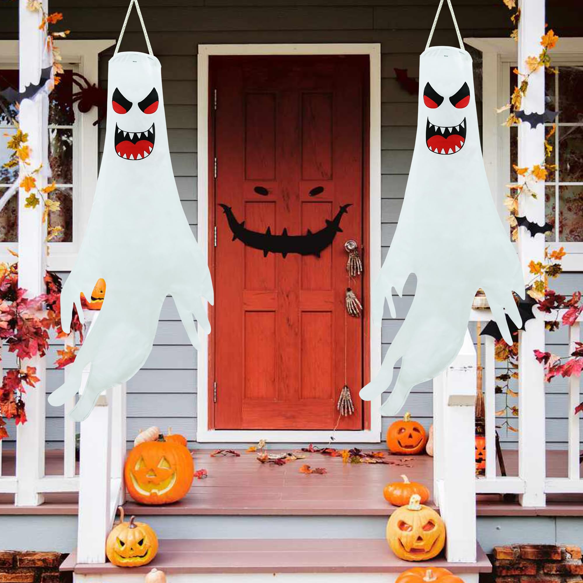 Qedertek Halloween Decorazioni per Esterno - 120cm Appendere a Fantasma con Catena Luminosa Colorata, Sacco a Vento Horror Casa Infestata per Giardino, Finestra, Bar