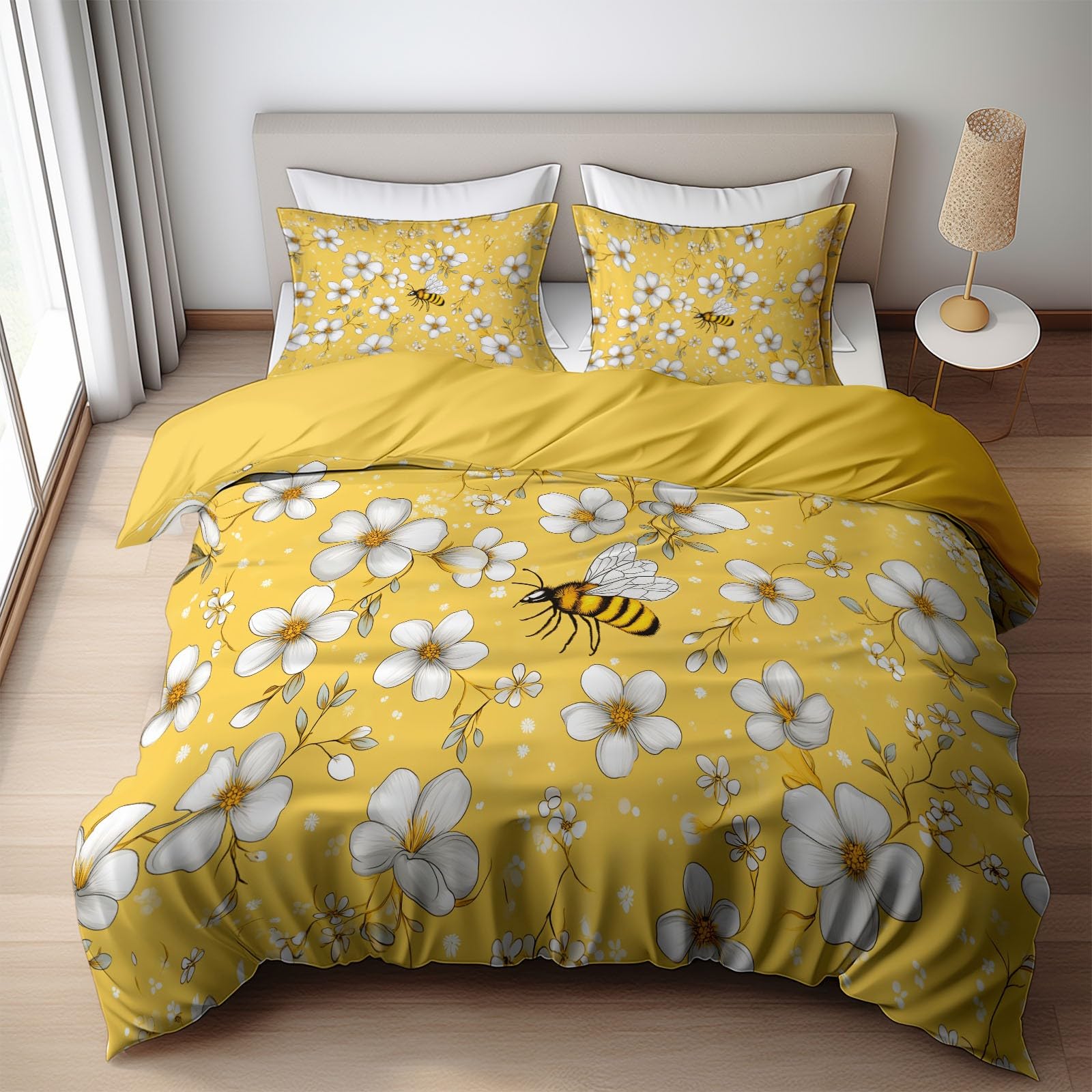 Housse de couette 240 x 260 cm parure de lit 2 personnes jaune avec fermeture éclair