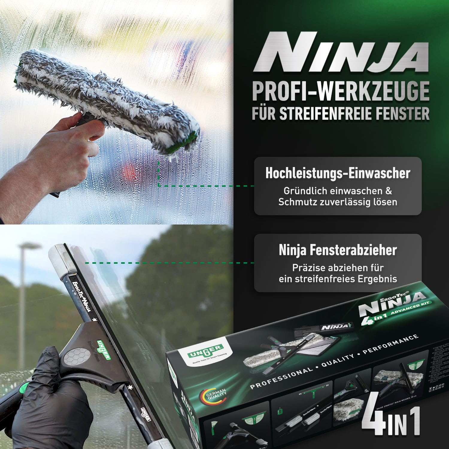 UNGER Ninja Profi Fensterreiniger 4in1 Advanced Kit – Premium Fensterputzer Set mit Profi Fensterabzieher, Fensterwischer, Mikrofasertuch und Bucket-on-a-Belt für professionelle Glasreinigung
