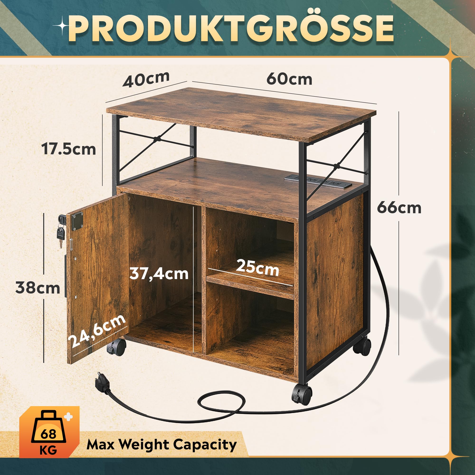 DEVAISE Druckertisch mit Ladestation, Rollcontainer mit Rollen und offenen Ablagen, Druckerschrank abschließbar für Büro und Home Office, Retro Braun