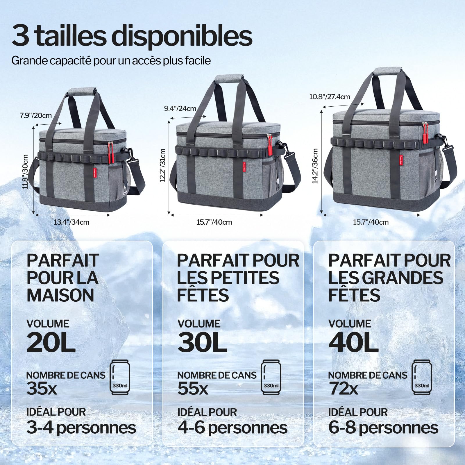 Sac Isotherme 30L, 12 Heures Refroidissement, Grand Glaciere Souple Isotherme Portable pour Repas Homme & Femme avec Plusieurs Poignées, pour Pique-Nique, Camping, Voiture, Plage