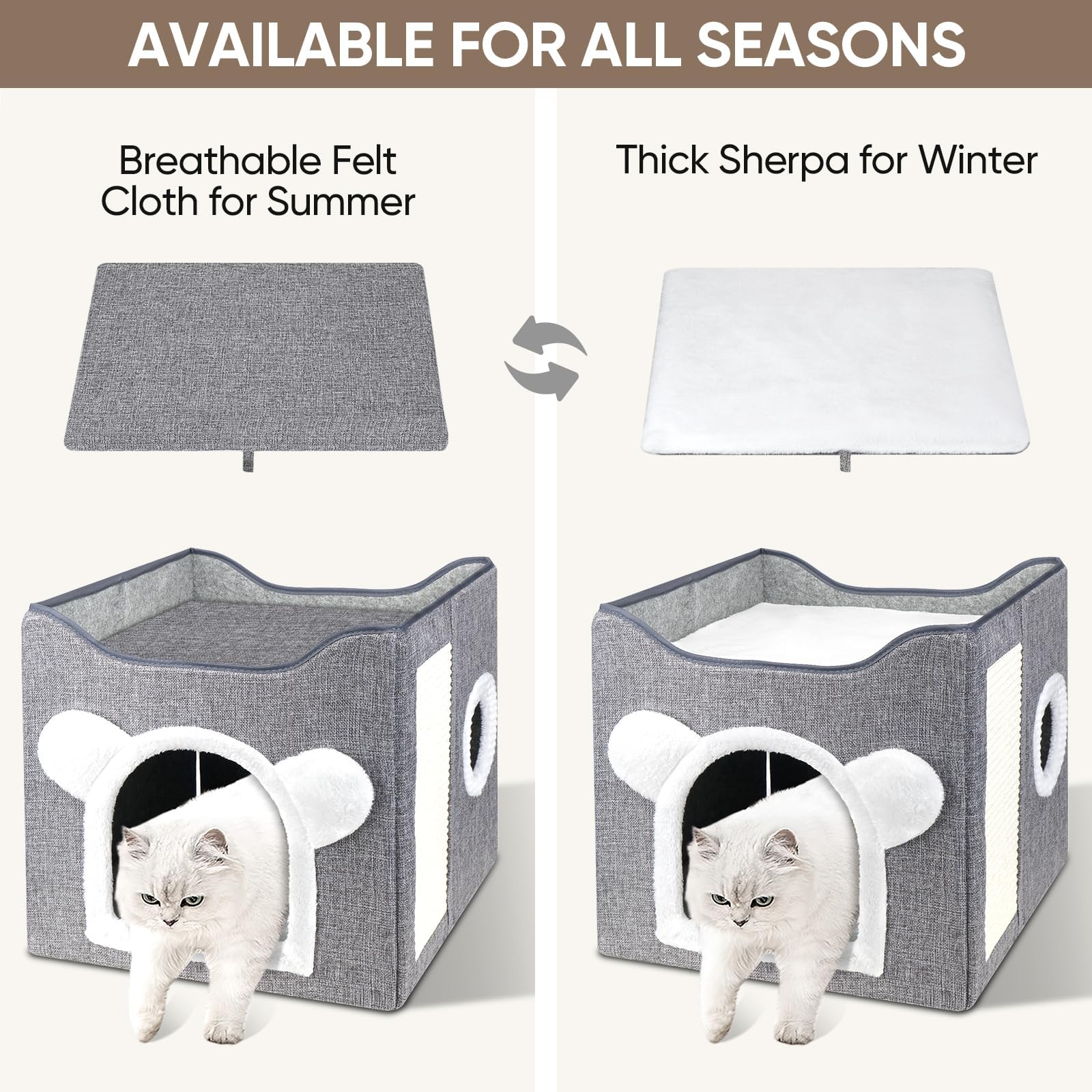 بيت قطط متعدد الوظائف من بيجثري، سرير للقطط الداخلية، عش قطط، كهف مكعب للقطط قابل للطي، بيت لعب كبير للحيوانات الاليفة مع كرة منفوشة، سرير قطط مغطى للقطط الصغيرة متعددة (رمادي)
