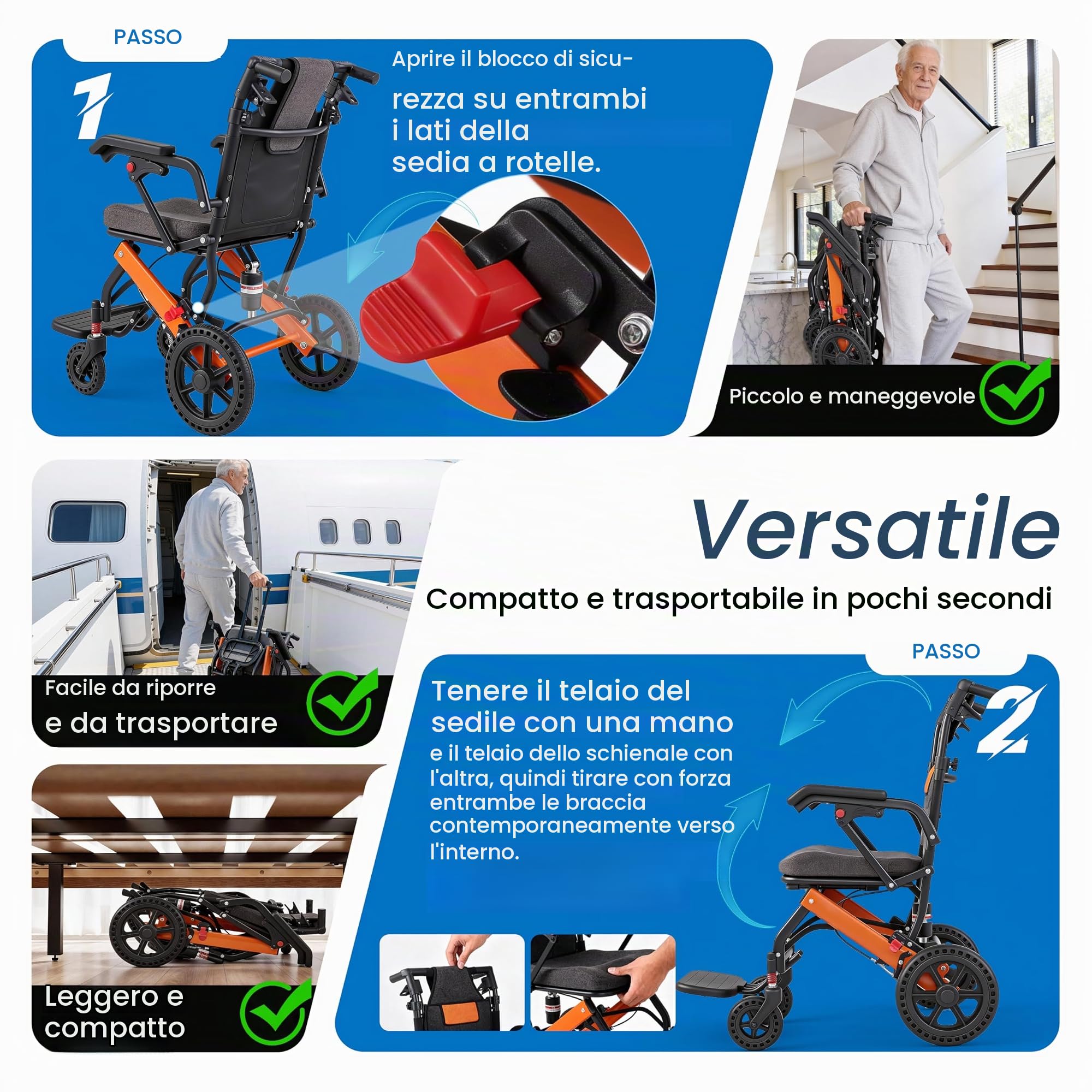 2026 - Sedia a rotelle pieghevole leggera, schienale regolabile, 28 cm, ruote per il trasporto con manico telescopico, borsa da viaggio, cuscino gonfiabile
