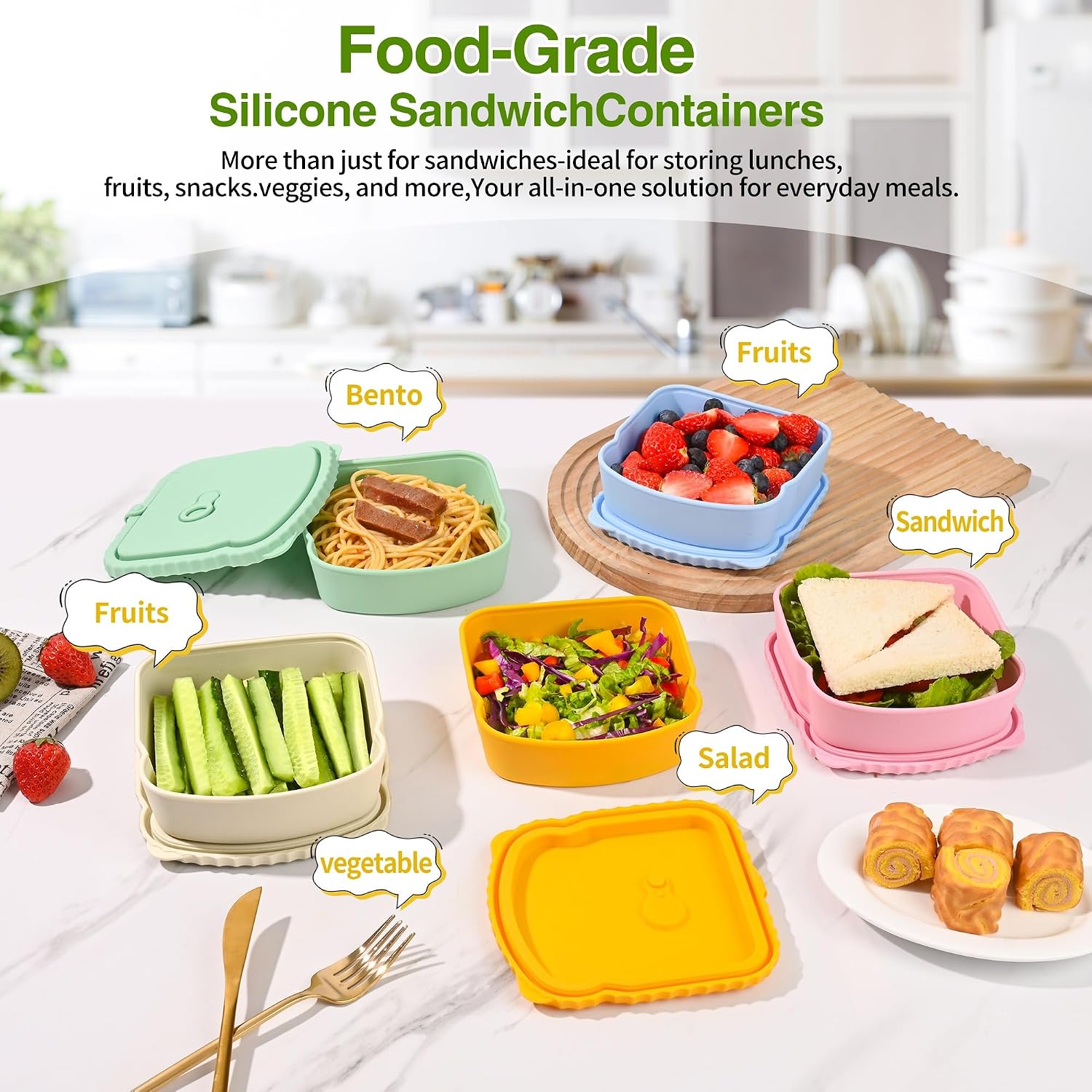 2 Pack Silicone Sandwich Container with Leakproof Lids, 15oz Reusable Lunch Box, BPA-Free Silicone Snack Box, Reusable Toast Container for Sandwiches, Snacks, Office, Travel (Pink+Yellow)