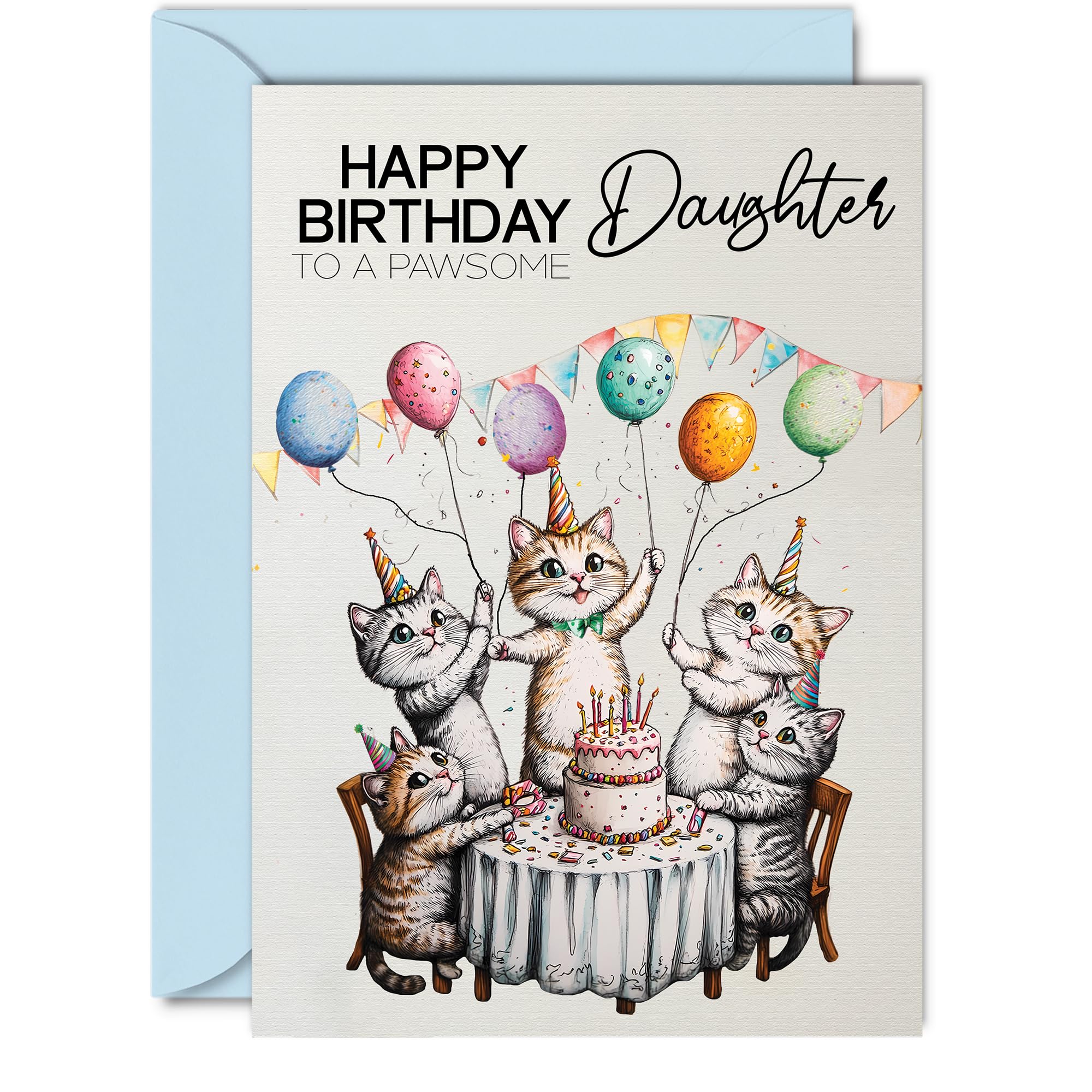 Daughter Birthday Card - Pawsome Party Cats Balloons - Happy Birthday Card for Daughter from Dad Mum, A5 Female Cat Bday Greeting Cards