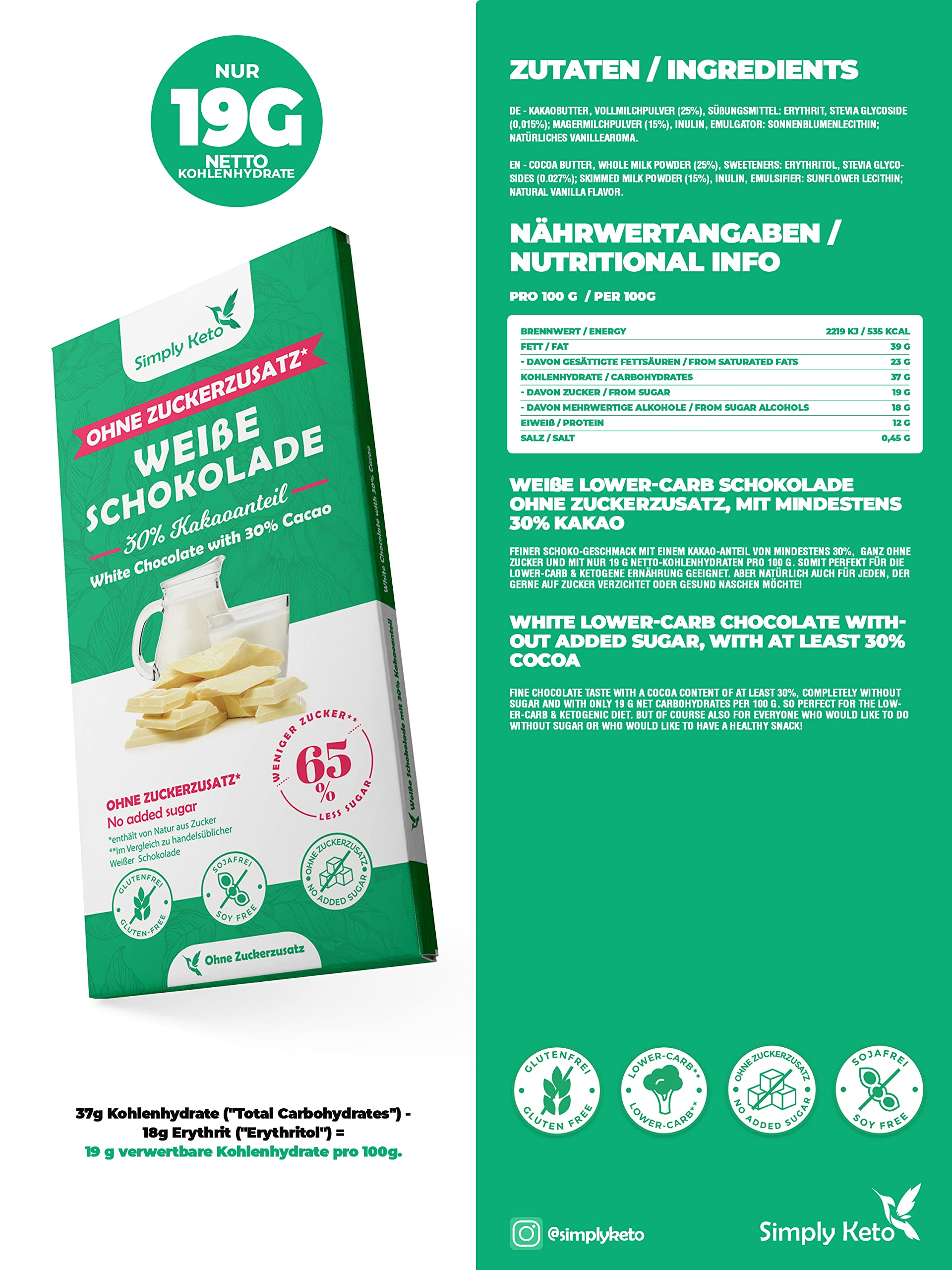 Simply Keto Zuckerreduzierte Weiße Lower Carb Schokolade 65% weniger Zucker Glutenfrei 12 x 100g