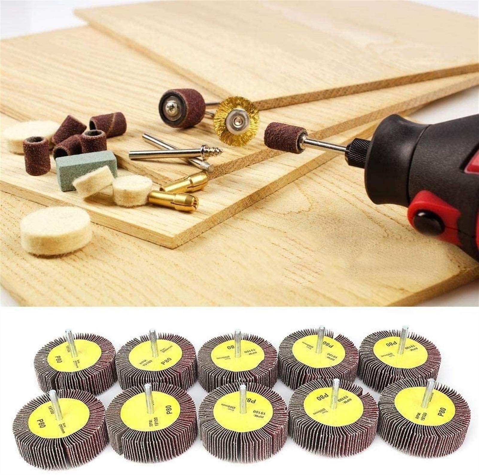 Ensemble de 10 disques abrasifs à lamelles, ponceuse à papier de verre 80 x 25 mm, outil rotatif de meulage abrasif, avec mandrin à tige de 6 mm, pour l'élimination de la rouille, le polissage des ba