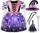 Spooktacular Creations Girls Light Up Witch Costume, Kids Witch Costume with Hat and Broom for Toddler Halloween Dress Party Purple Toddler(3-4 yrs)
