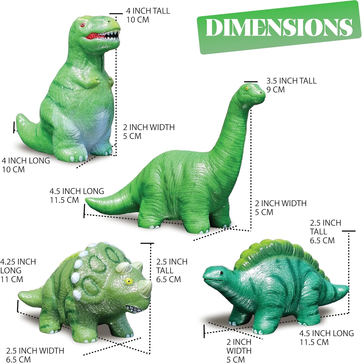 Jet Creations 4 Dinosaur Vinyl Figurines, Green Color with Shimmering Pearlescent Look. Size 4 inch. Collectible Display, Desktop Display at Home or in Office, Prehistoric Jurassic Theme Decoration
