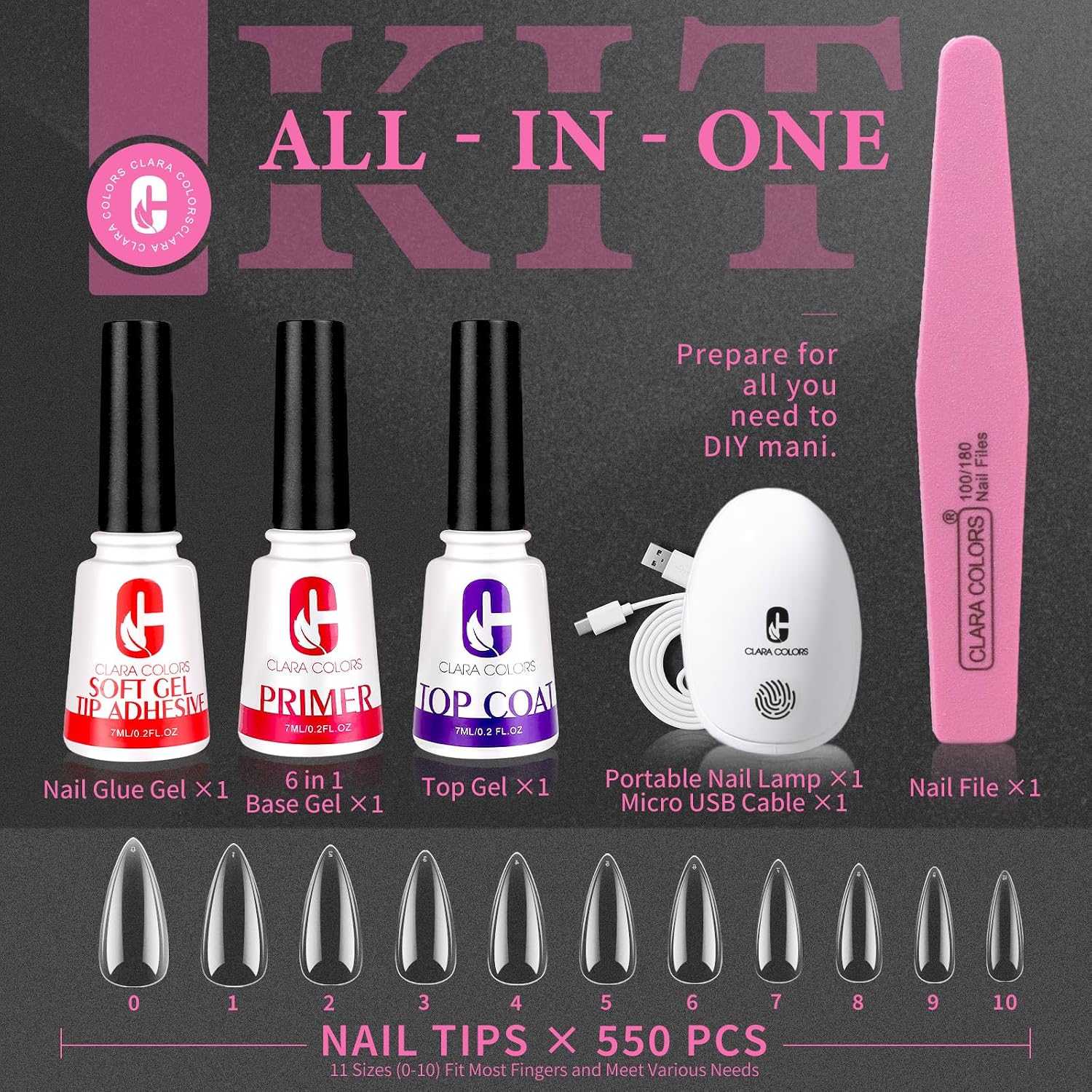 Clara Colors Nail Tips and Glue Gel Kit - 550Pcs Soft Gel Tips Medium Almond Shape