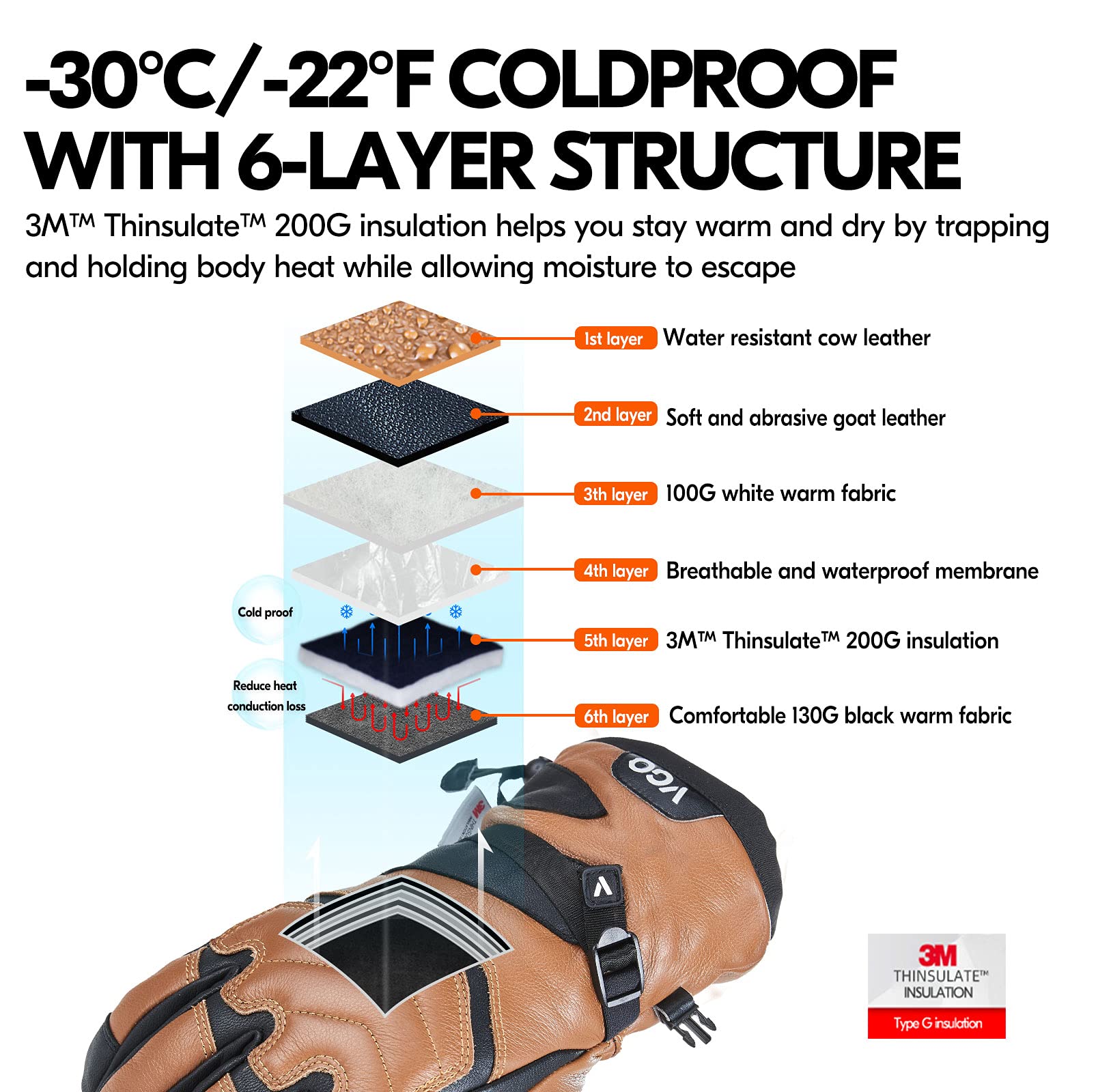 Vgo Cow Leather Warm Ski Gloves - Men, Women, Winter Snow, Outdoor, 3M Thinsulate Waterproof (-30℃/-22°F) - Image 3