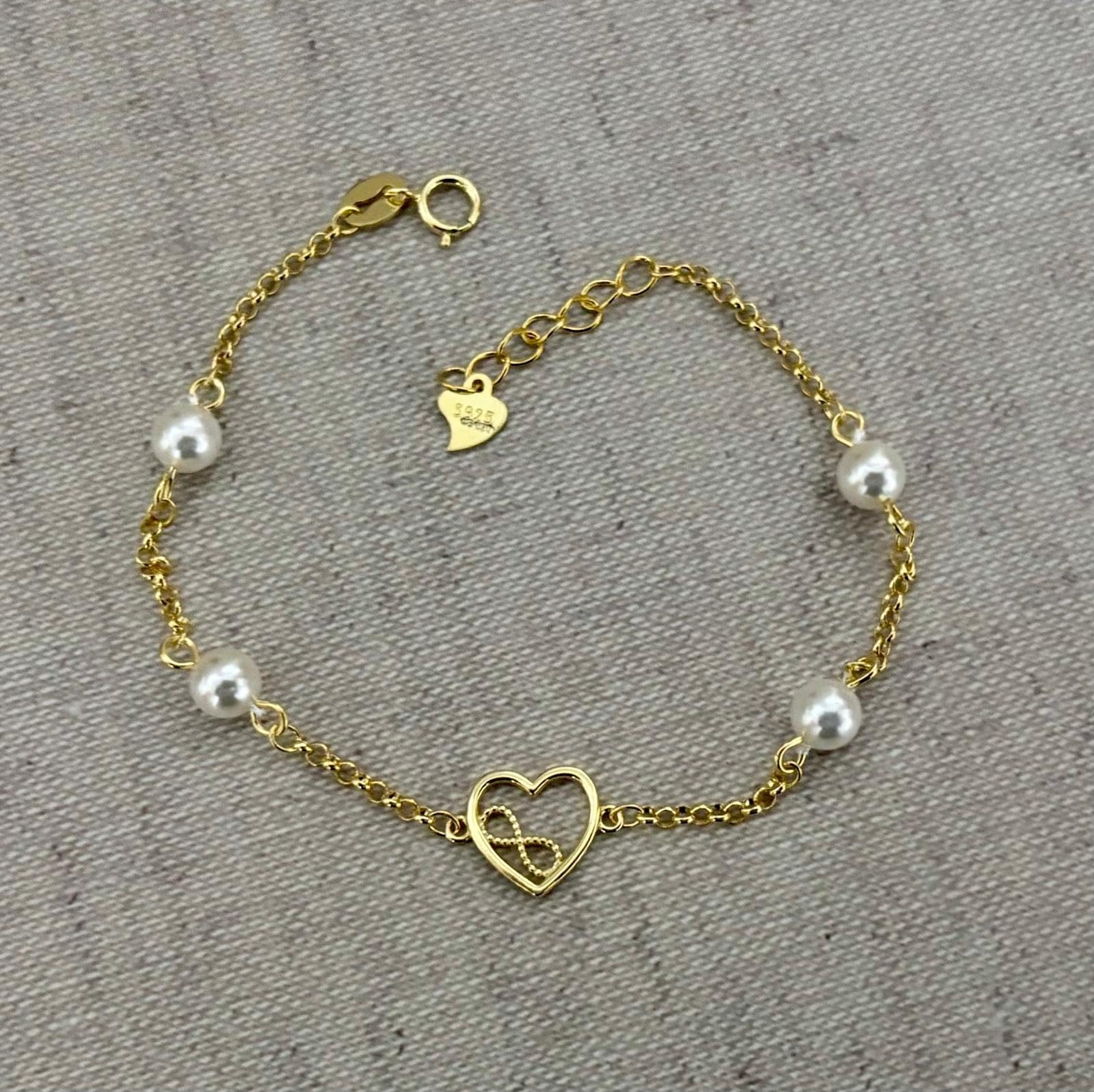 Pulsera Infantil Plata de Ley 925 Chapada en Oro con Corazón Infinito y Perlas Cultivadas, Primera Comunión, 16cm + 2cm Ajustable