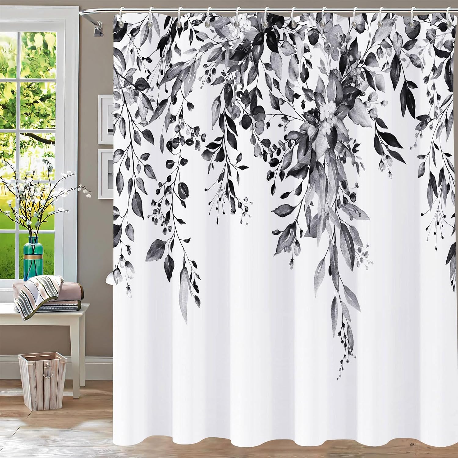 Shower Curtain Black and White Shower Curtains for Bathroom, Watercolor Leaf Eucalyptus Shower Curtain Sets Waterproof Plant Shower Curtain Leaves Cloth Bathroom Curtains 72x72 inch with Hooks