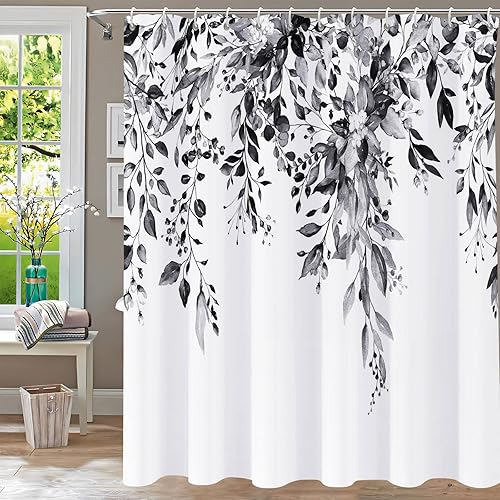 Miniatura 3 de Cortina de ducha en blanco y negro para baño, juego de cortinas de ducha de hojas de eucalipto, cortinas de ducha impermeables de plantas, cortinas