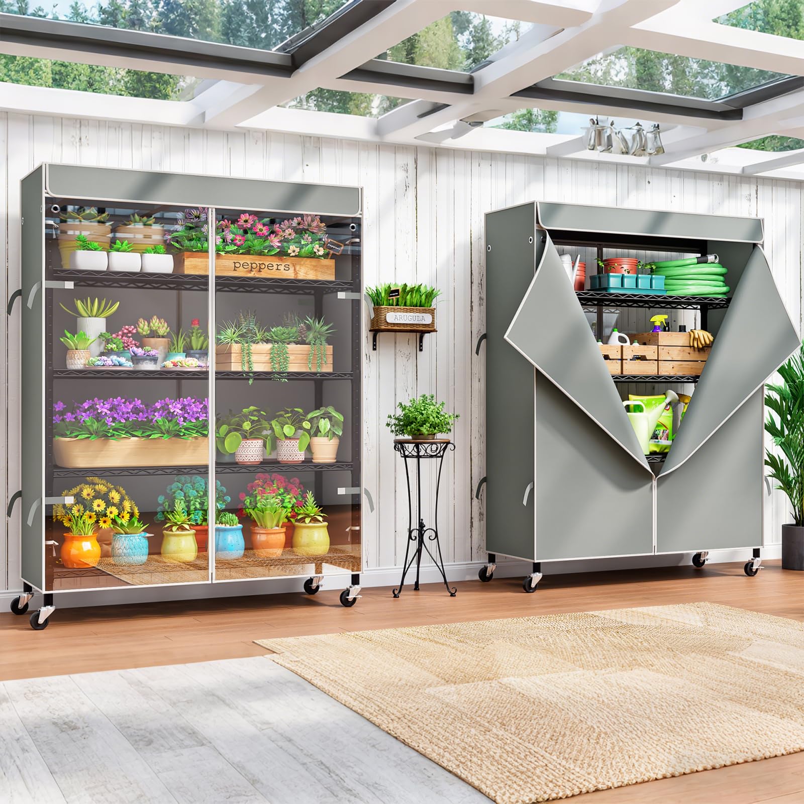 KZOBYD Scaffale alto 185 cm con copertura e ruote, scaffale in metallo resistente a 5 ripiani, scaffale in metallo con ripiani regolabili, scaffale portaoggetti per cucina e garage