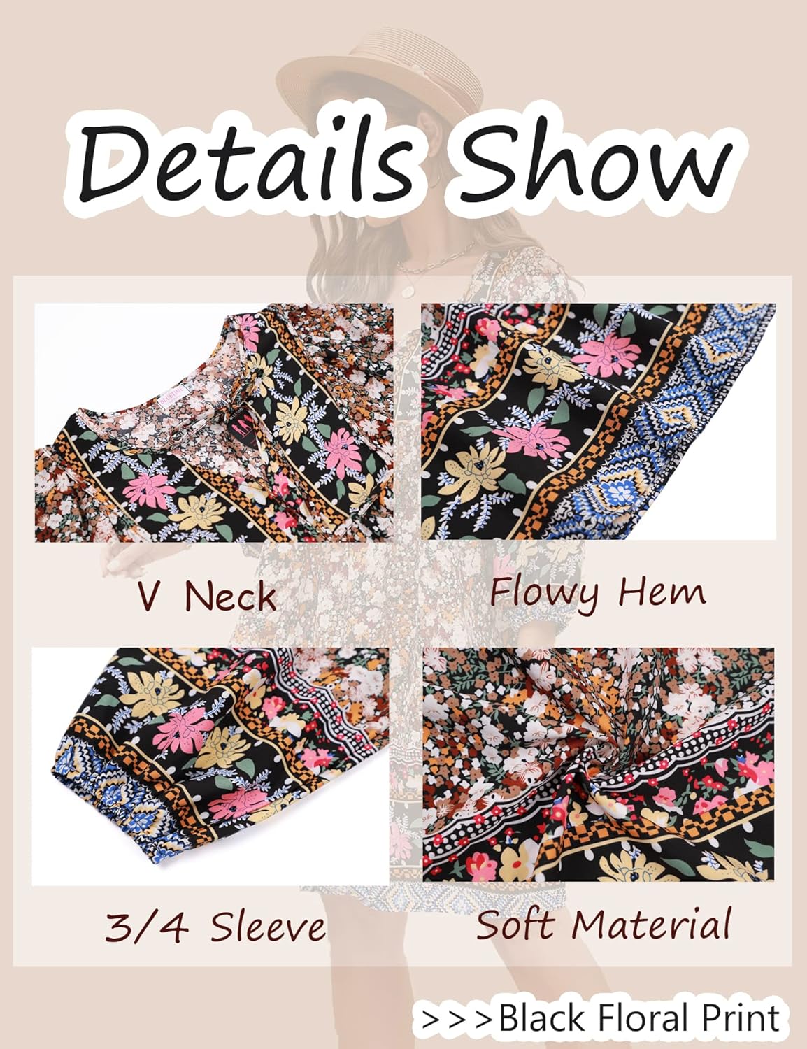 Bluetime Women Casual Summer Dress Boho V Neck 3/4 Sleeve Babydoll Floral Print Flowy Beach Dress - Image 6