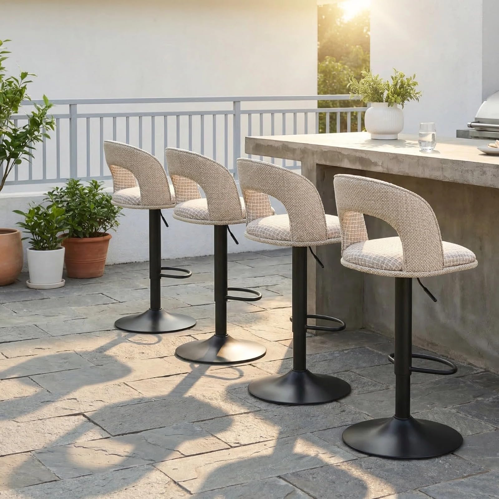 2er-Set Barhocker für den Außenbereich mit Schutzhüllen wasserdicht, höhenverstellbar, mit hohler Rückenlehne, drehbar, für Garten und Terrasse, wetterfester Textilene-Stoff, Leinen-Karomuster