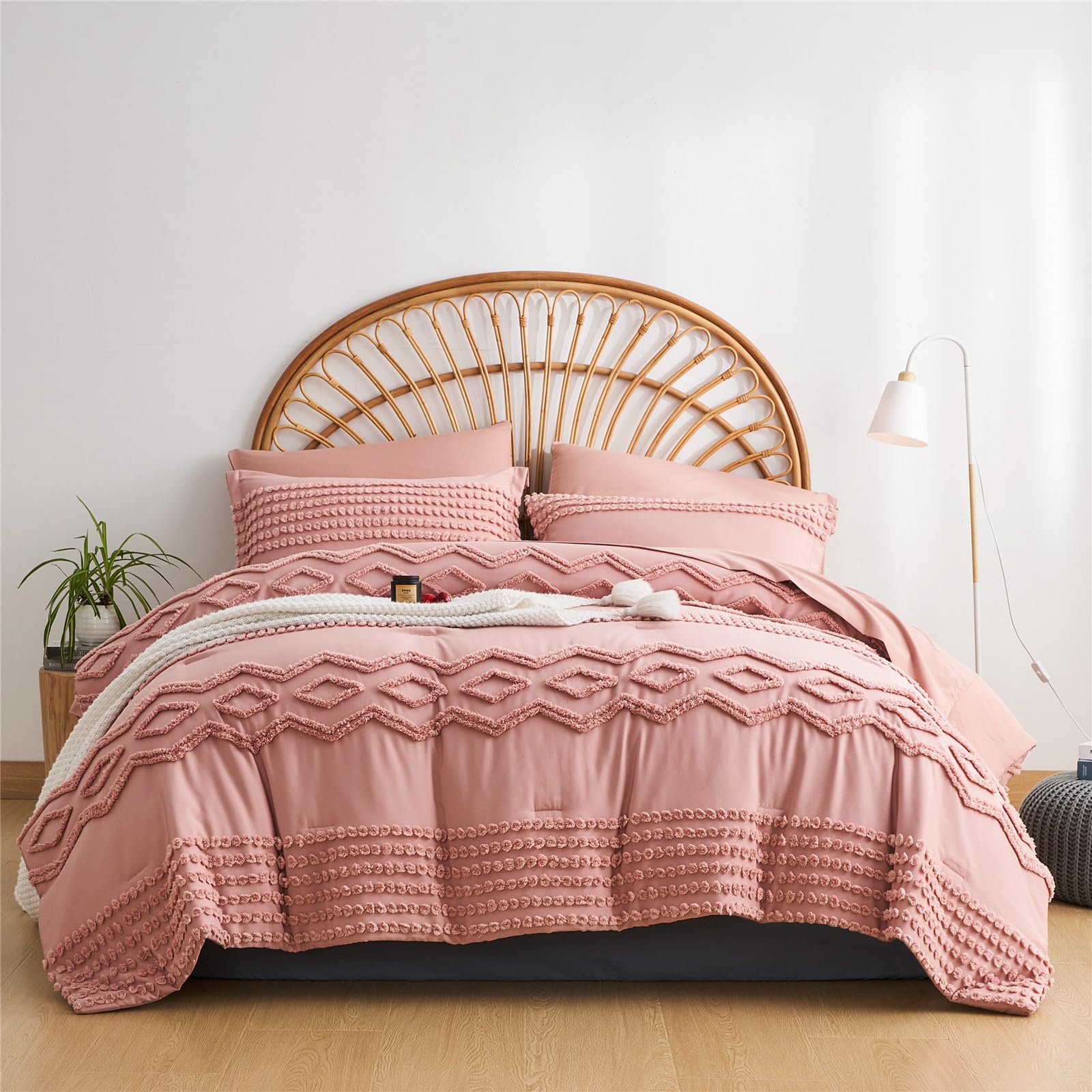 Sage Green Tufted Comforter Set Queen Size 7 Piece Bed in a Bag, Shabby Chic Boho Comforter and Sheet Set, Pom Pom Textured Bed Set, All Season Soft Microfiber Complete Bedding Set(Green,Queen): KAKIJUMN Blush Pink Tufted Comforter Set King Size 7 Piece Bed in a Bag, Shabby Chic Boho Comforter and Sheet Set, All Season Soft Microfiber Complete Bedding Set(Pink,King)