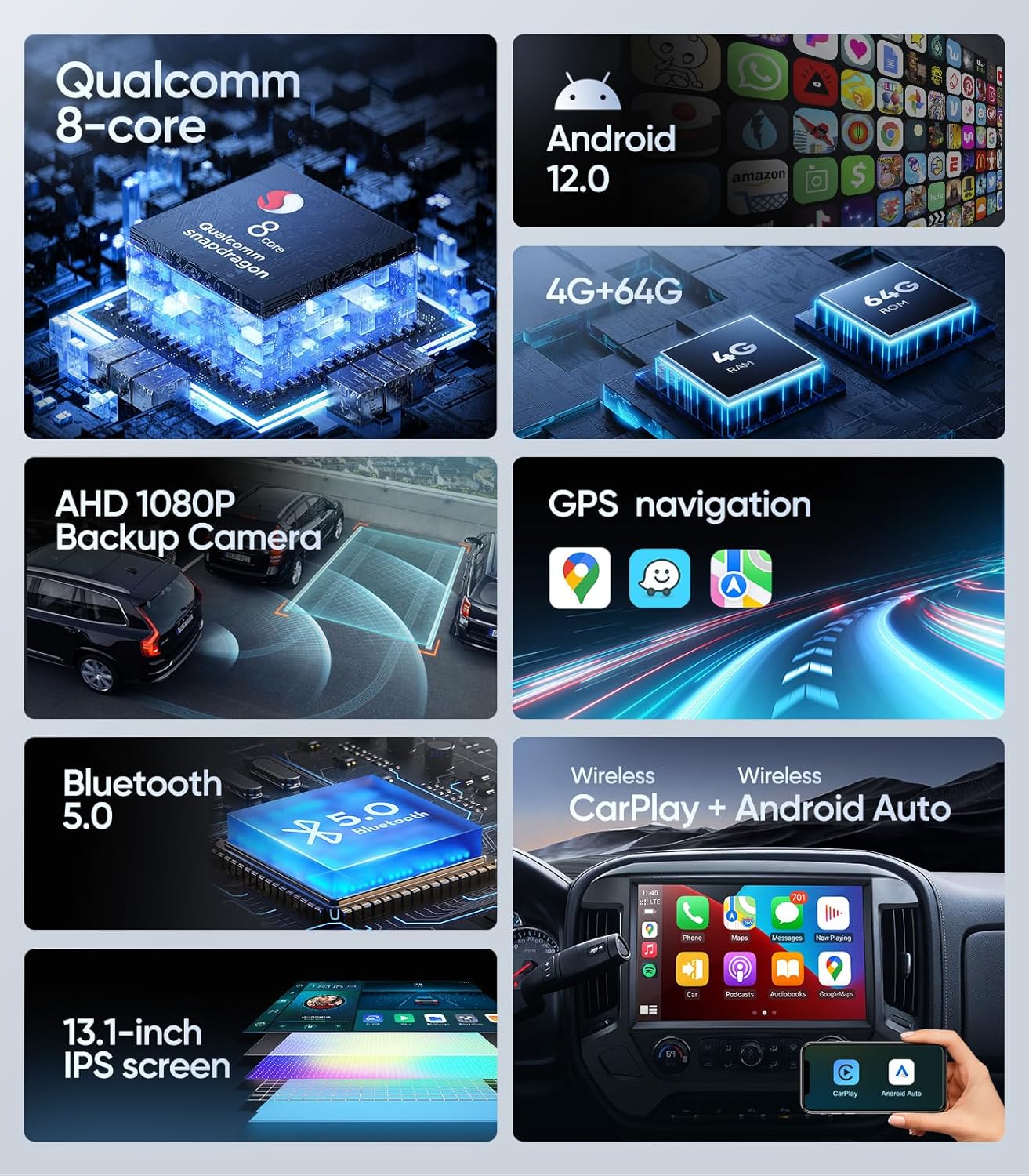 13.1 inch Car Stereo Radio for Chevy Silverado/GMC Sierra 2014-2018,Android 12 Touch Screen with Wireless CarPlay, Android Auto,GPS Navigation/WiFi/1080P Backup Camera/BT/FM/SWC (13.1" 4G+64G)