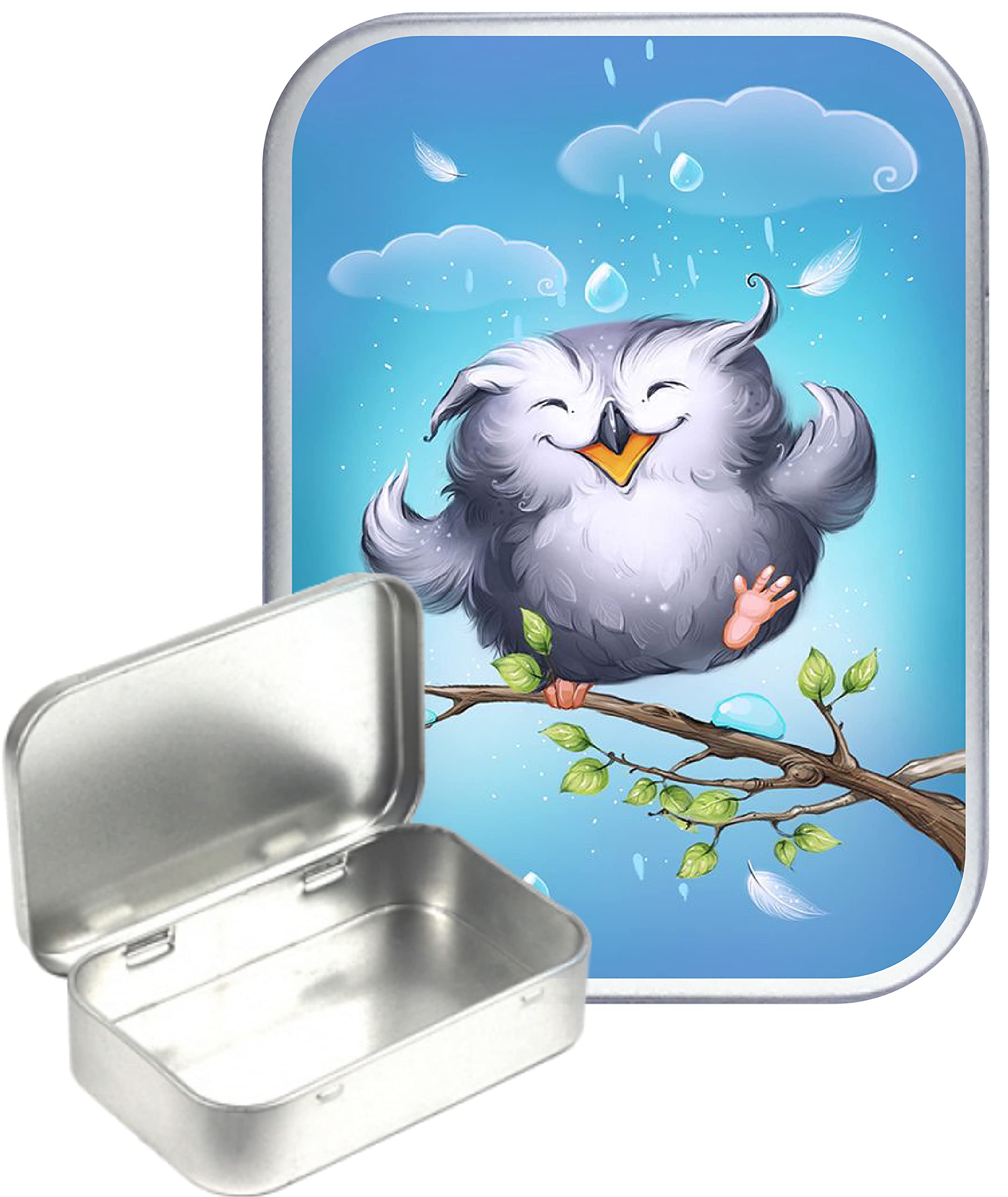Teez Silver Happy Owl Hinged Tin,Small 30Ml Tin, Pill Tin, Pocket Tin, Gift Box, 1Oz Tobacco Tin, Herb Tin